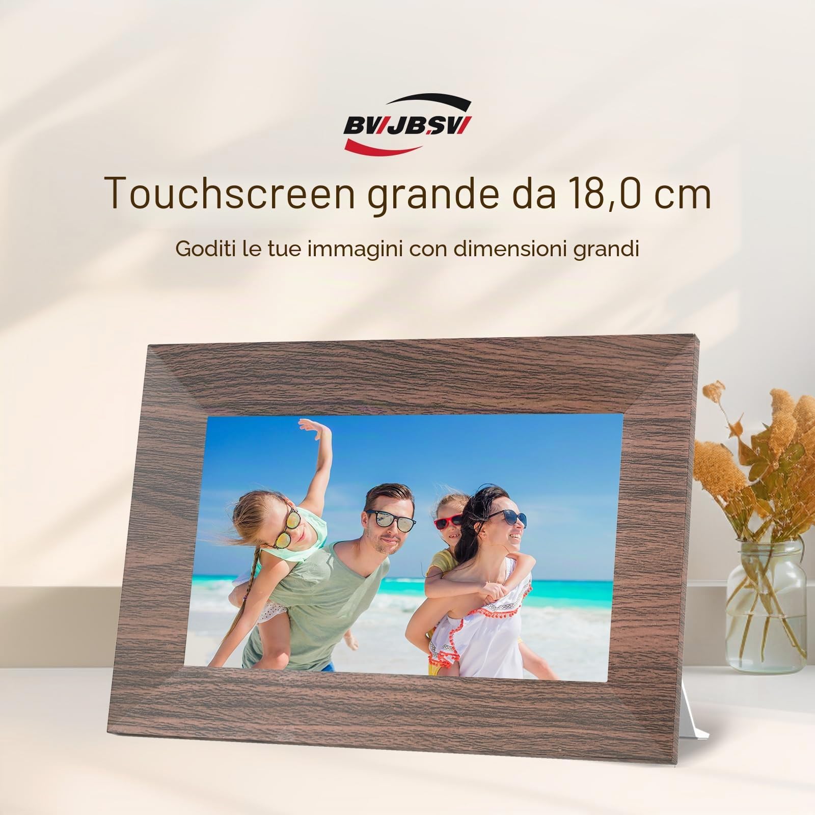 Cornice Digitale 7 Pollici, WiFi IPS Touchscreen Cornice Elettronica, Memoria Integrata da 32GB, BWJBSW Cornice Foto Digitale per Condividere Immagini, Video e Musica, Supporta Sveglia, Auto-Rotazione