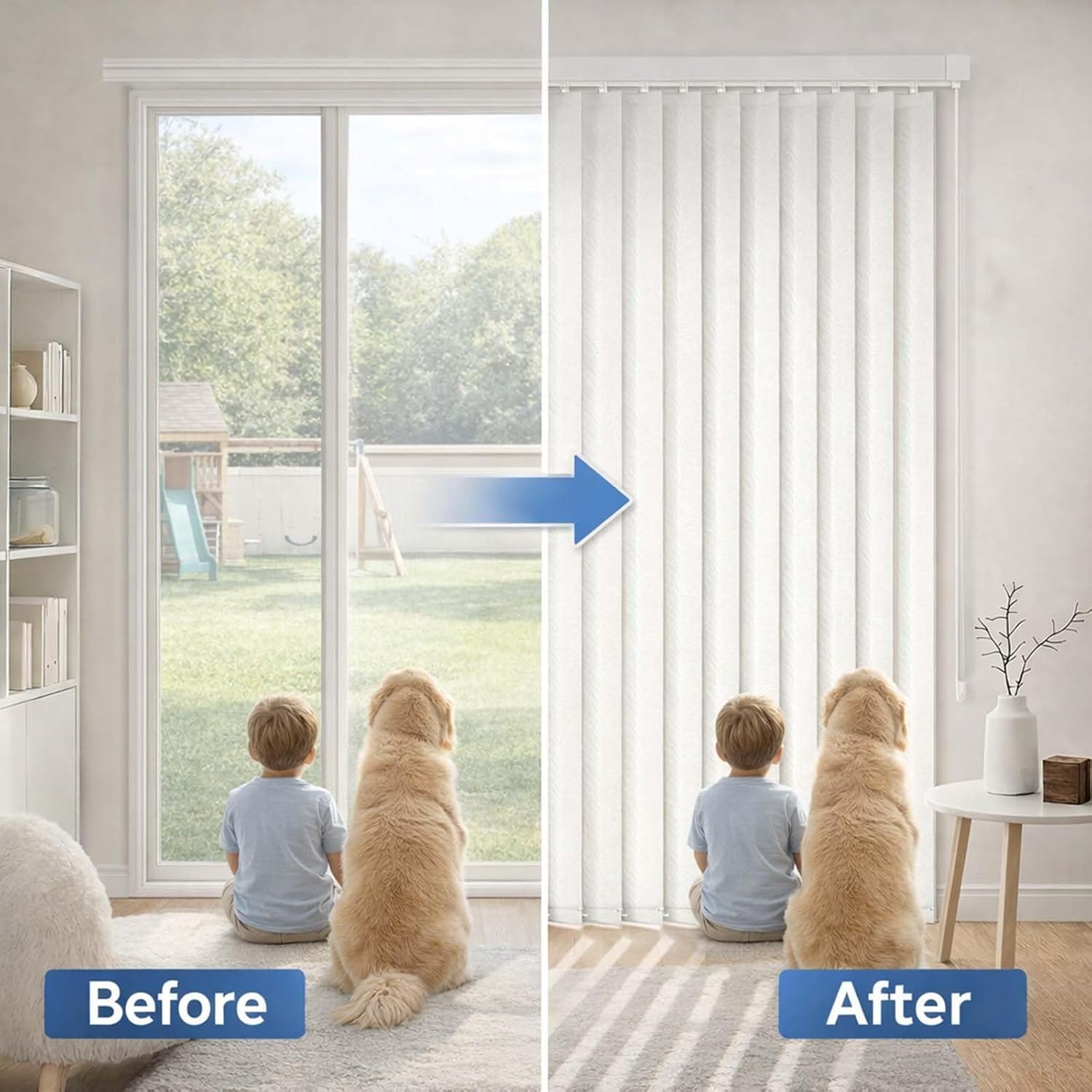 White Vertical Blinds for French Doors & Large Windows 71" 78" 88" 98" 108" 118" Blackout Fabric Sliding Glass Door Blinds, Privacy Room Divider Window Shades, Pull Cord(63" W x 112" H)