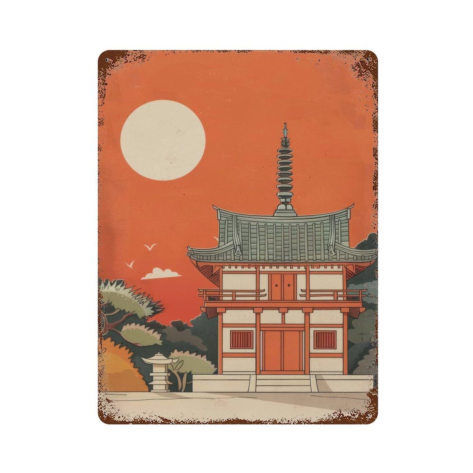 Shinto Temple Scenery 15.7"x11.8" Rusty Metal Tin Sign, Farmhouse Wall Decor for Office, Studio And Wall Decor