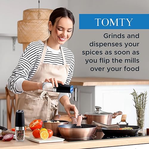 Miniatura 2 de Juego de 2 molinillos eléctricos de sal y pimienta por gravedad, funciona con pilas, operación automática con una mano, molinillos de grosor