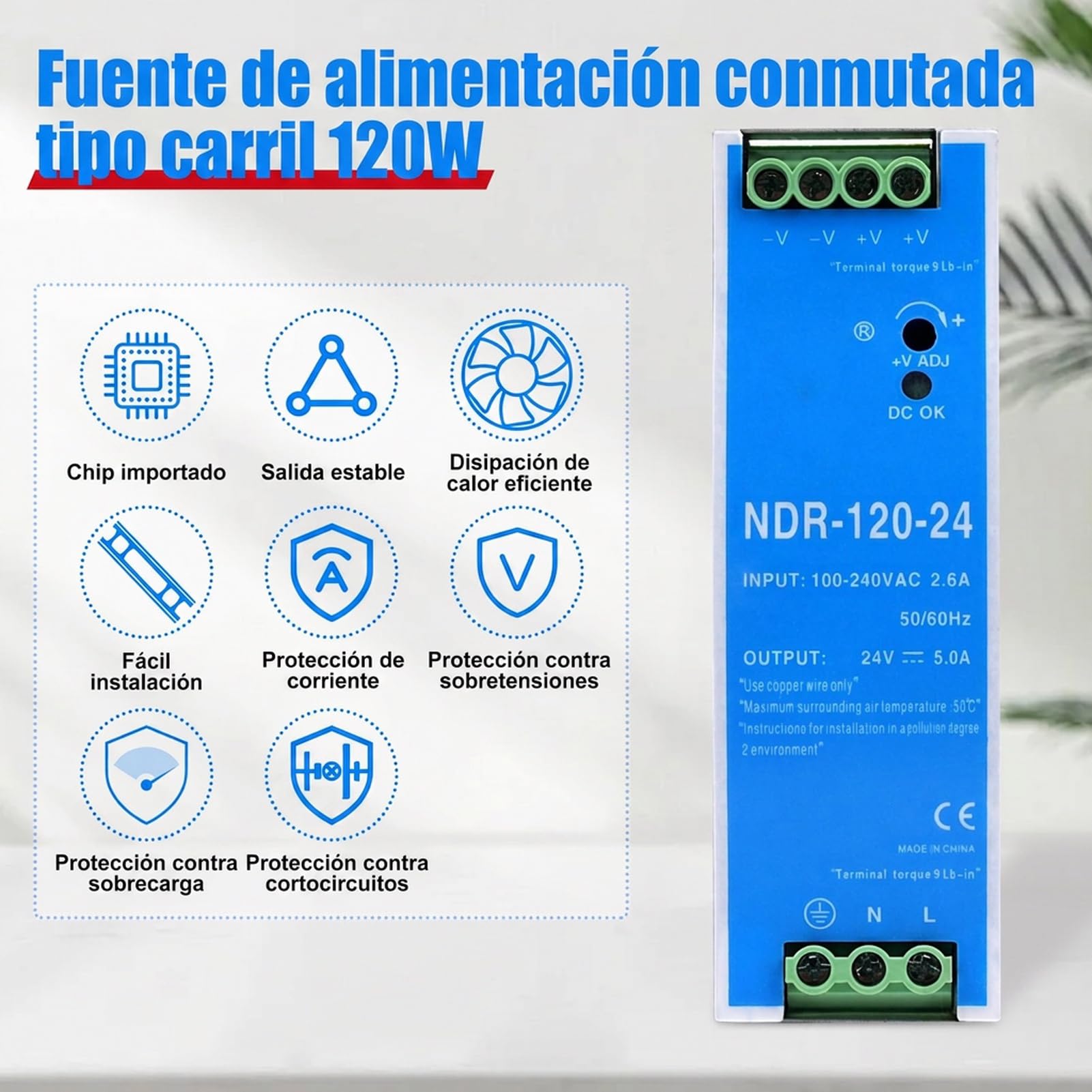 DIN Power 120W Fuente de alimentacion carril din 24V Alimentation sur rail din para entrada de CA 100-220V 2,6A, salida de CC 24V 5A Varias funciones de protección Modelo industrial NDR-120W-24V.