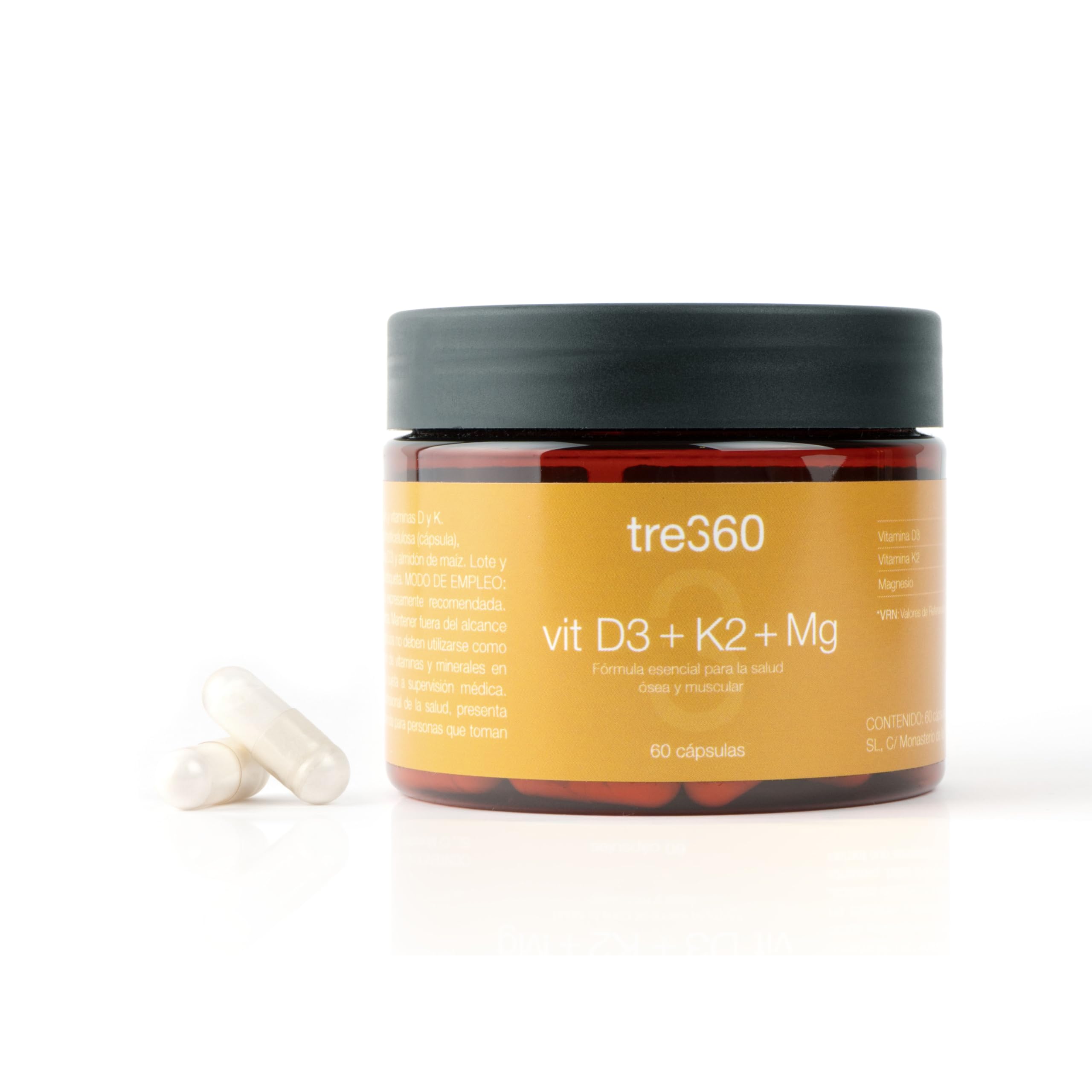 Tres60 - Vitamina D3 + K2 + Magnesio – 60 Cápsulas – Vitamina D3 2000 UI (50µg) con K2 MK7 y Magnesio Bisglicinato – Soporte para Huesos, Músculos e Inmunidad – Alta Absorción