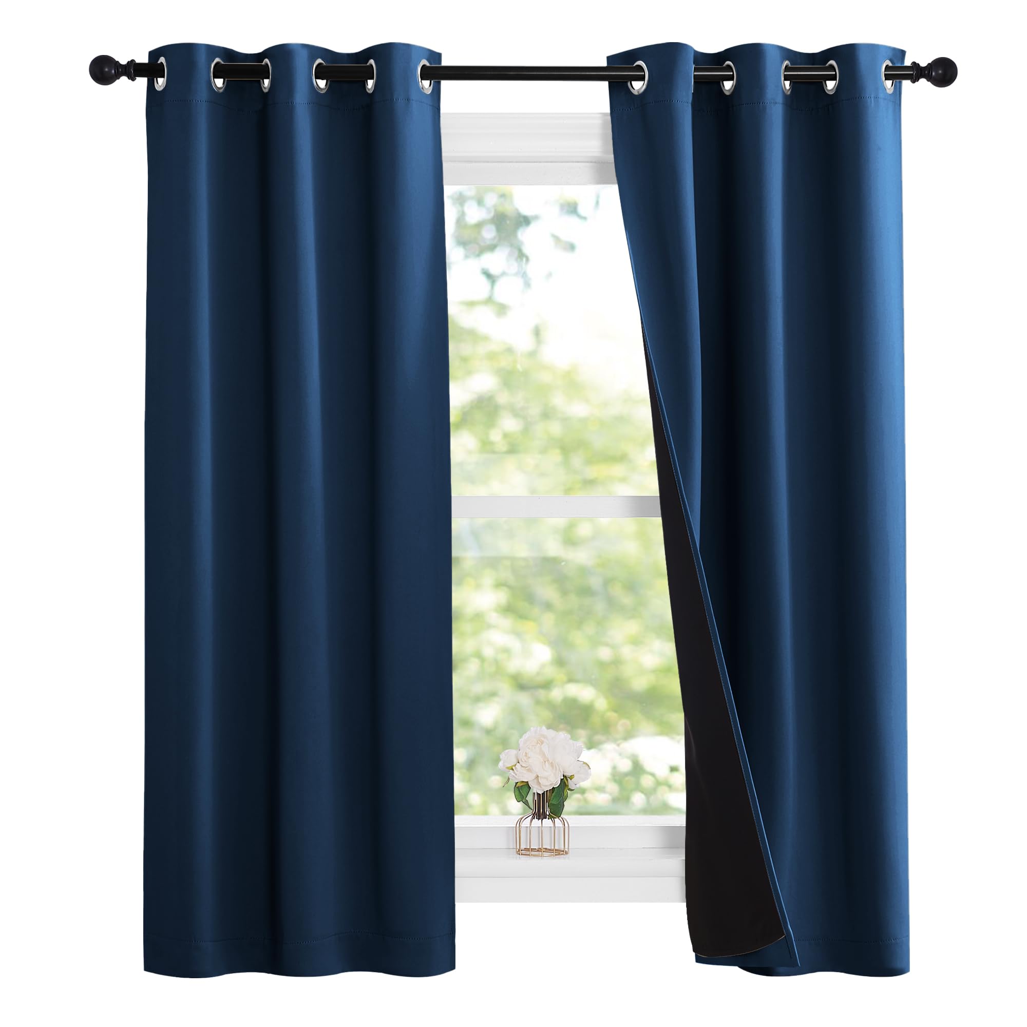 NICETOWN 100% Blackout Short Curtains with Black Liners, 2 Panels, 37"W by 63"L, Moroccan Blue, Solid Thermal Insulated Full Blackout 2-Layer Lined Drapes, Energy Efficiency Window Drapes for Bedroom