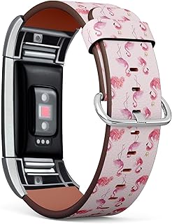 Compatible with Fitbit Charge 2 - Leather Watch Wrist Band Strap Bracelet with Stainless Steel Clasp and Adapters (Flamingo Watercolor On)