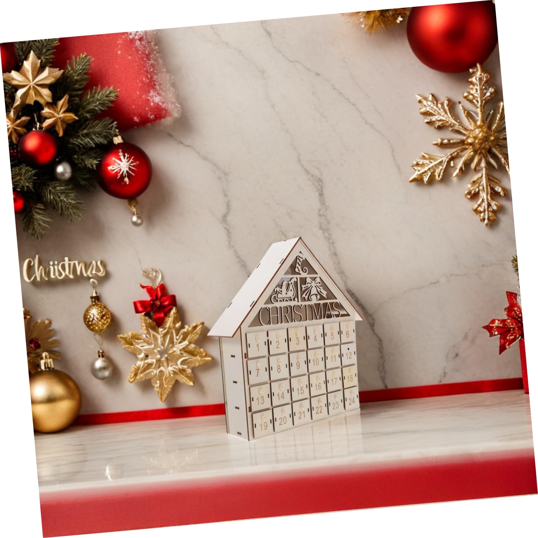 Lurrose Calendario Avvento Natale in Legno Casa Natalizia LED Giorni Calendario Avvento Compilabile Decorazione da Tavolo per Feste Invernali
