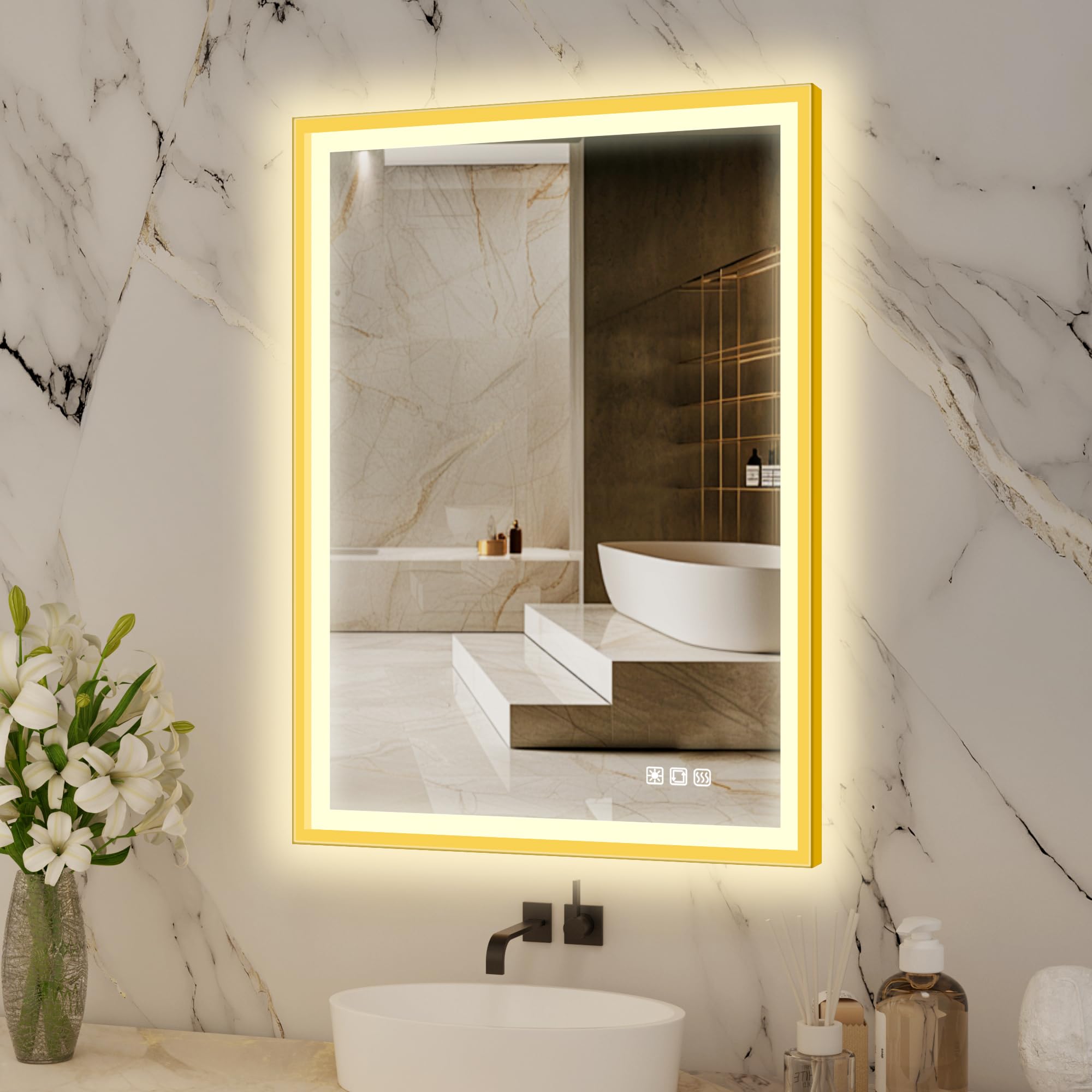 furduzz LED Bathroom Mirror with Aluminum Frame, 500x700mm Illuminated Bathroom Mirror with Touch/Demister/ 3-Color Dimmable, Bathroom Wall-Mounted, Horizontal/Vertical, Gold