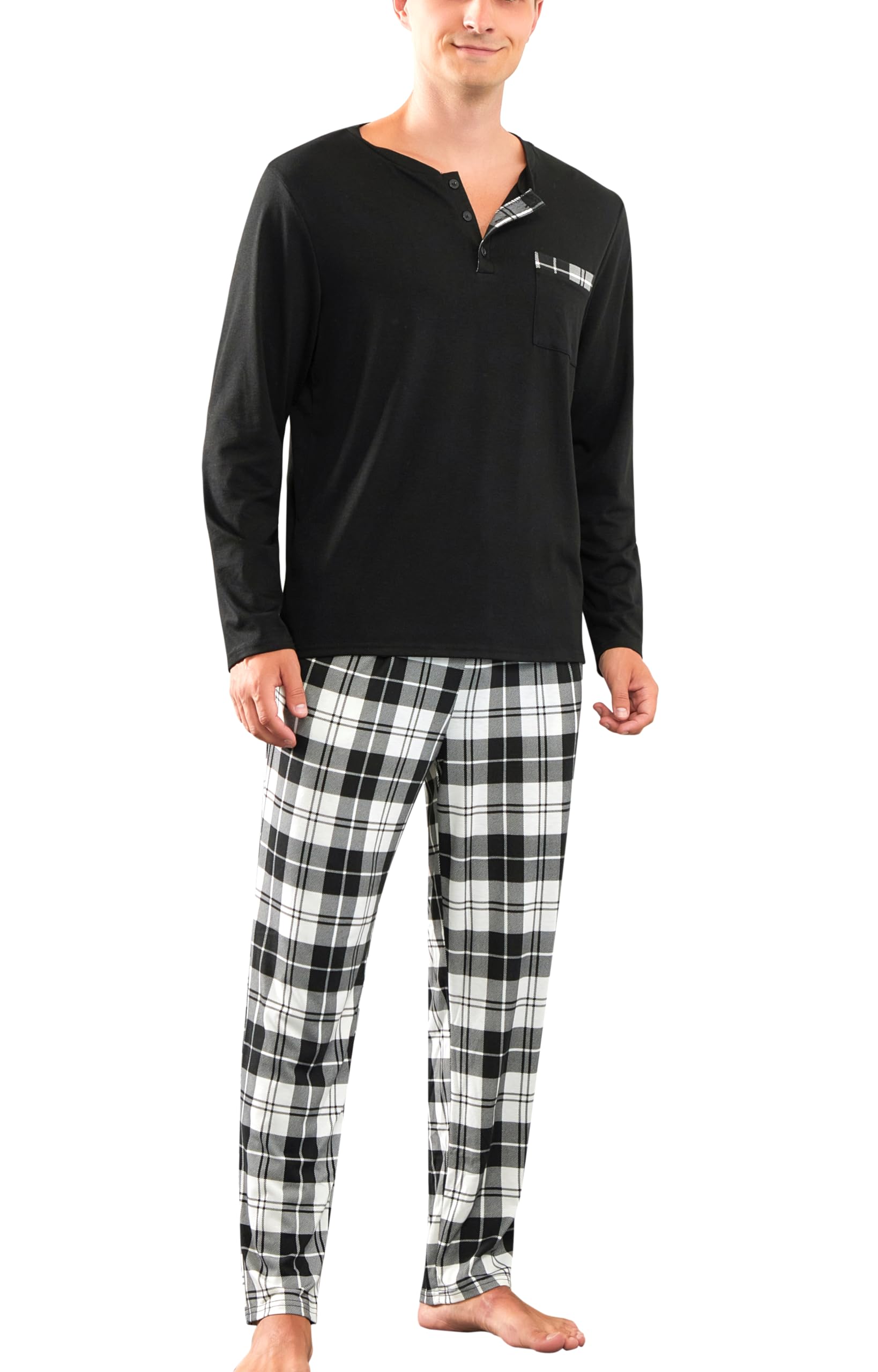 Yukiuiny Herren Schlafanzug Lang Baumwolle Pyjama Zweiteiliger Nightwear Set mit Knopfleiste Langarm Shirt Pyjamahose mit Tasche