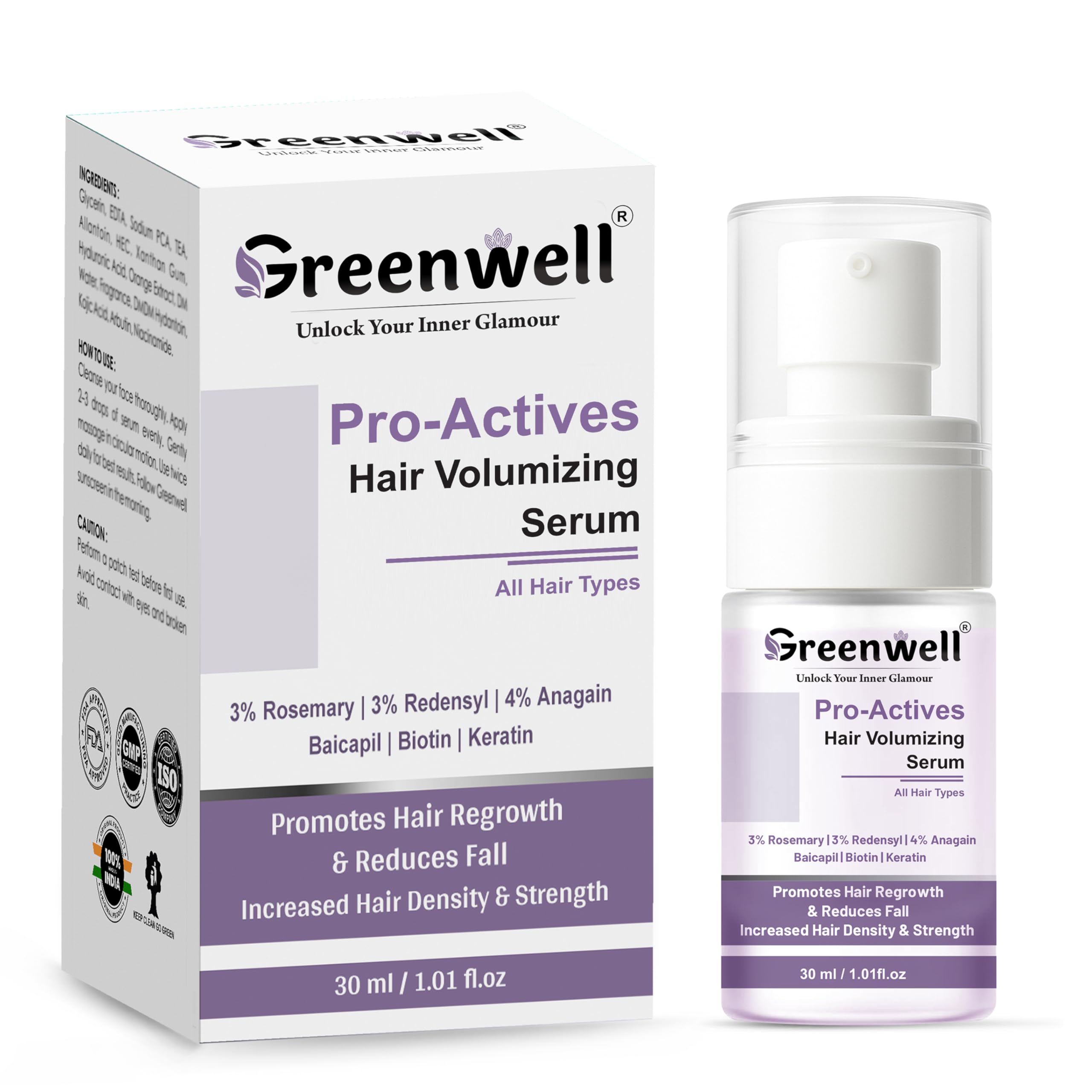 Greenwell Pro-Actives Hair Volumizing Serum | 3% Rosemary, 3% Redensyl, 4% Anagain, Baicapil, Biotin & Keratin | Reduces Hair Fall, Boosts Regrowth & Increases Hair Density (30ml)