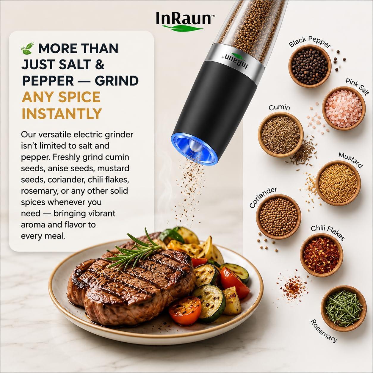 Gravity Electric Salt & Pepper Grinder Set – End Messy, Uneven Seasoning, Zero Clogging, Grind Fresh, One-Hand Automatic, Adjustable Coarseness, LED Light, Stainless Steel Mills, Black (2Psc)
