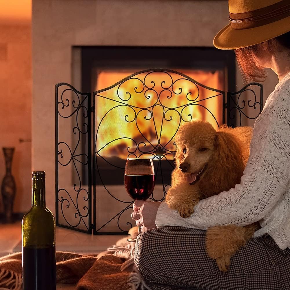 Retro Wrought Iron Fireplace Screen with Floral Pattern – Metal Spark Guard for Home Decor, Fire Safety, and Vintage Charm