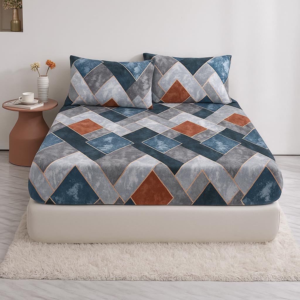 BSB HOME Luxury Warm Winter Elastic Fitted Bedsheet with 2 Pillow Covers – Ultra Soft Flannel Velvet Touch, Cozy & Wrinklefree lintfree Size - 78x72+10 Inches, Checks Teal Blue & Grey-image-18