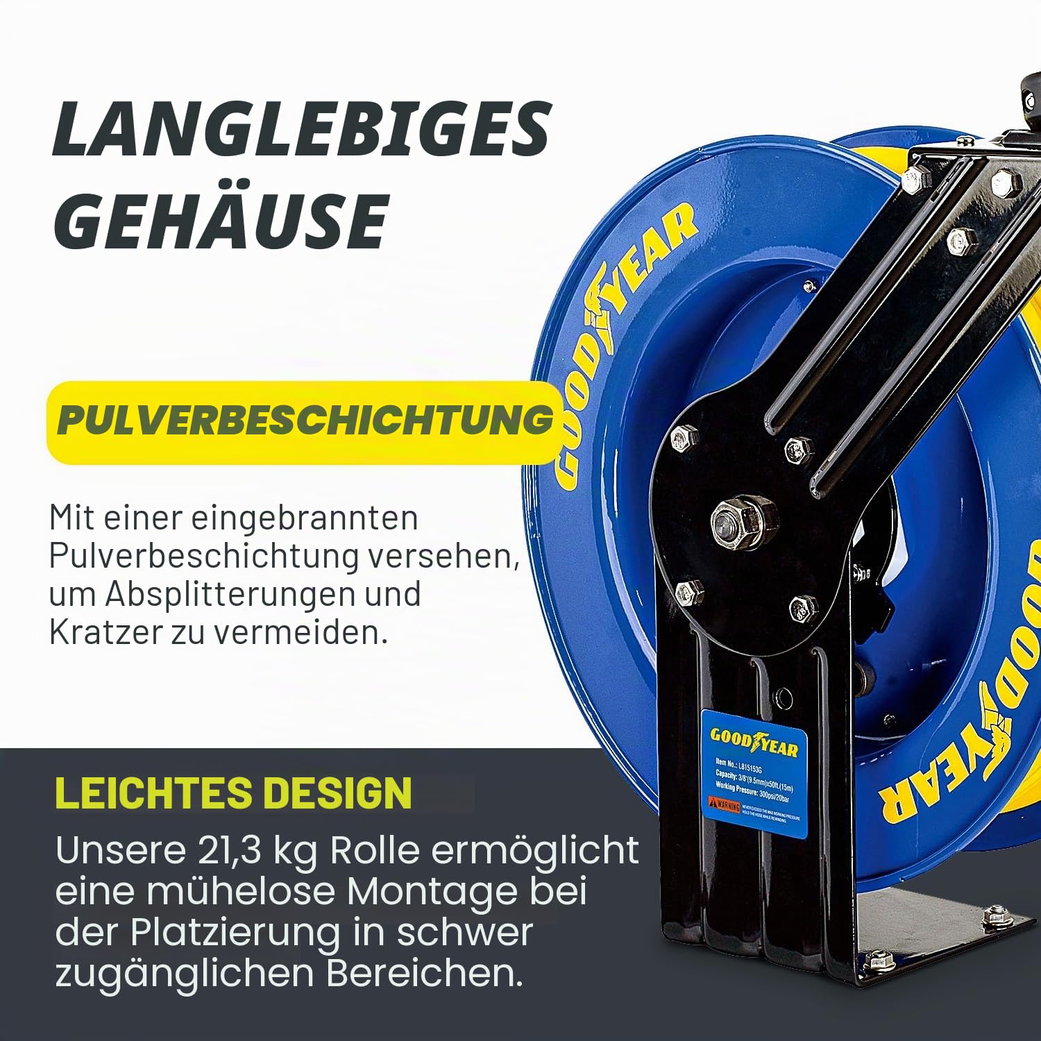 Goodyear Schlauchtrommel Stahl Einziehbare Air Compressor Schlauchaufroller mit 9,5mm × 15m schlauchaufroller automatik Luftschlauchtrommel