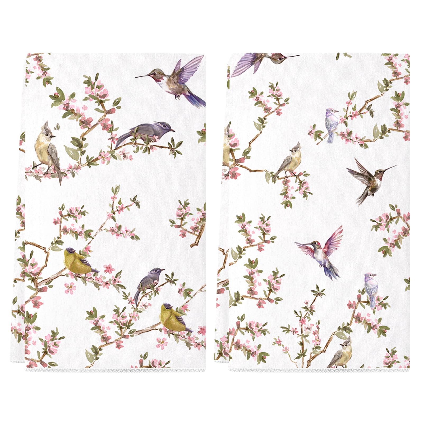 Siilues Spring Kitchen Towels, 18x26 Inch Birds Branch Floral Dish Towels Seasonal Summer Holiday Decoration Hand Towels Set of 2 (07)