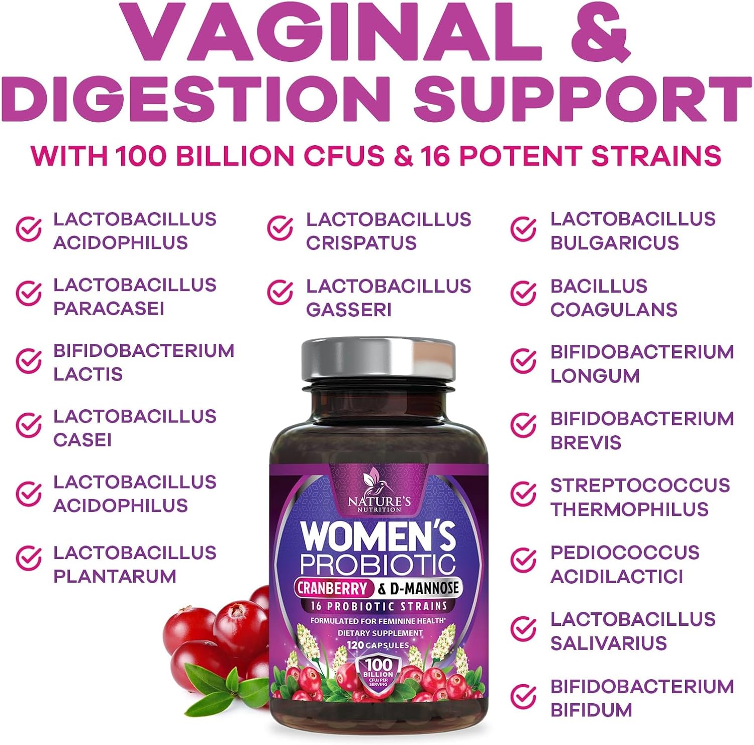 Probiotics for Women 60 Billion CFU - 16 Unique Strains, Prebiotics Cranberry & Lactobacillus, PH Balance, Digestive & Gut Health, Vaginal & Immune Support, Women's Probiotic - 120 Vegan Capsules - Image 8