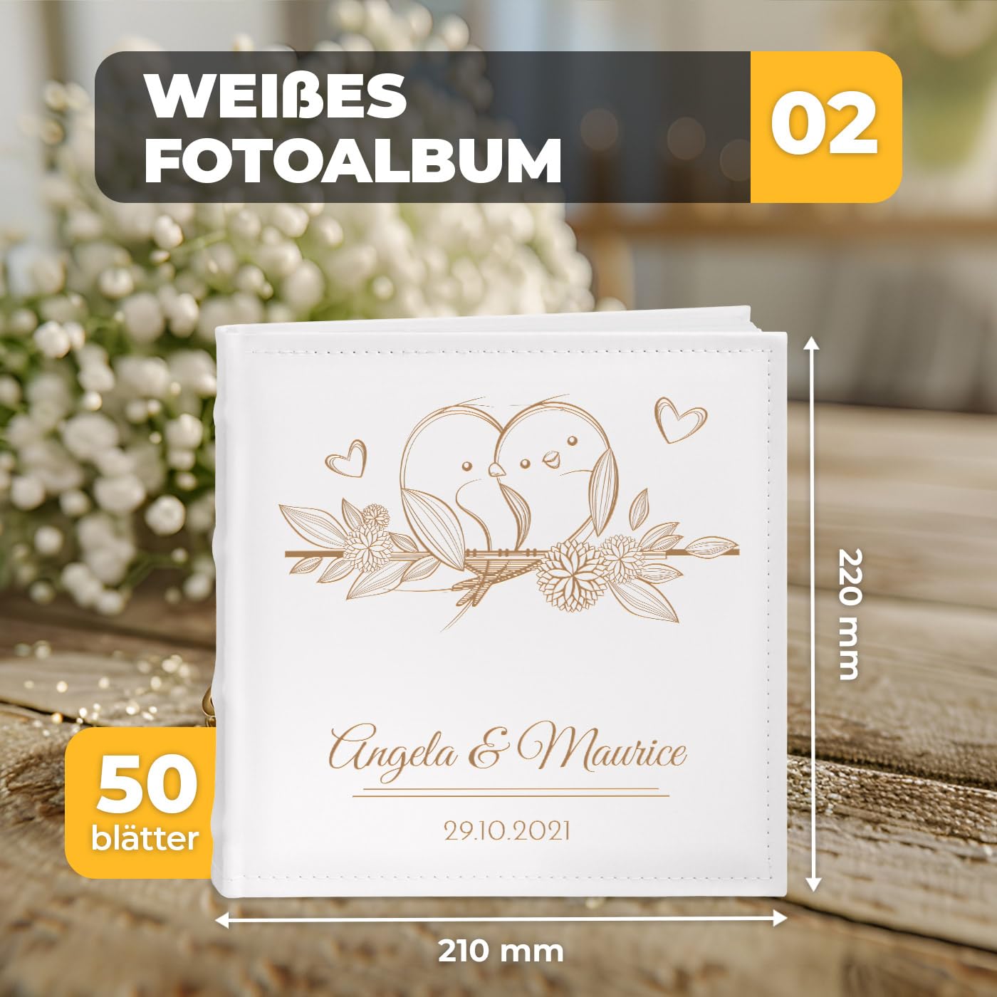Maverton Einsteckalbum mit Aufdruck - Fotoalbum für 200 Fotos 10x15-50 Seiten - Größe: 21x22cm - Weiß - personalisierte Geschenke für Paar zur Hochzeit zum Hochzeitstag