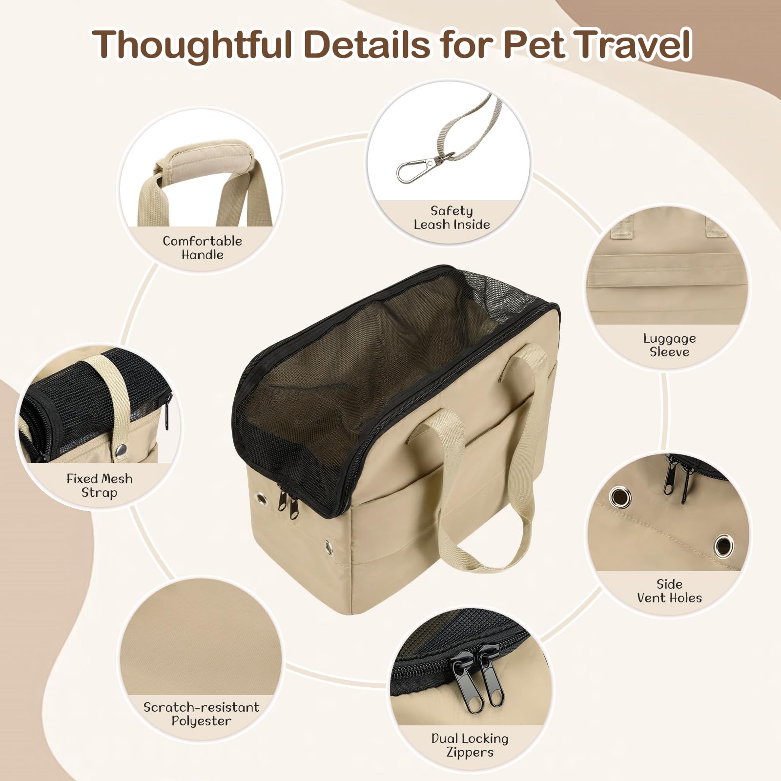 Bolso Transportín para Perros Pequeños, 15" X 11" X 7,9" Transportín De Viaje para Mascotas con Ganchos De Seguridad, Almohadilla De Apoyo Y Múltiples Bolsillos, Transportín Blando para Gatos, Khaki