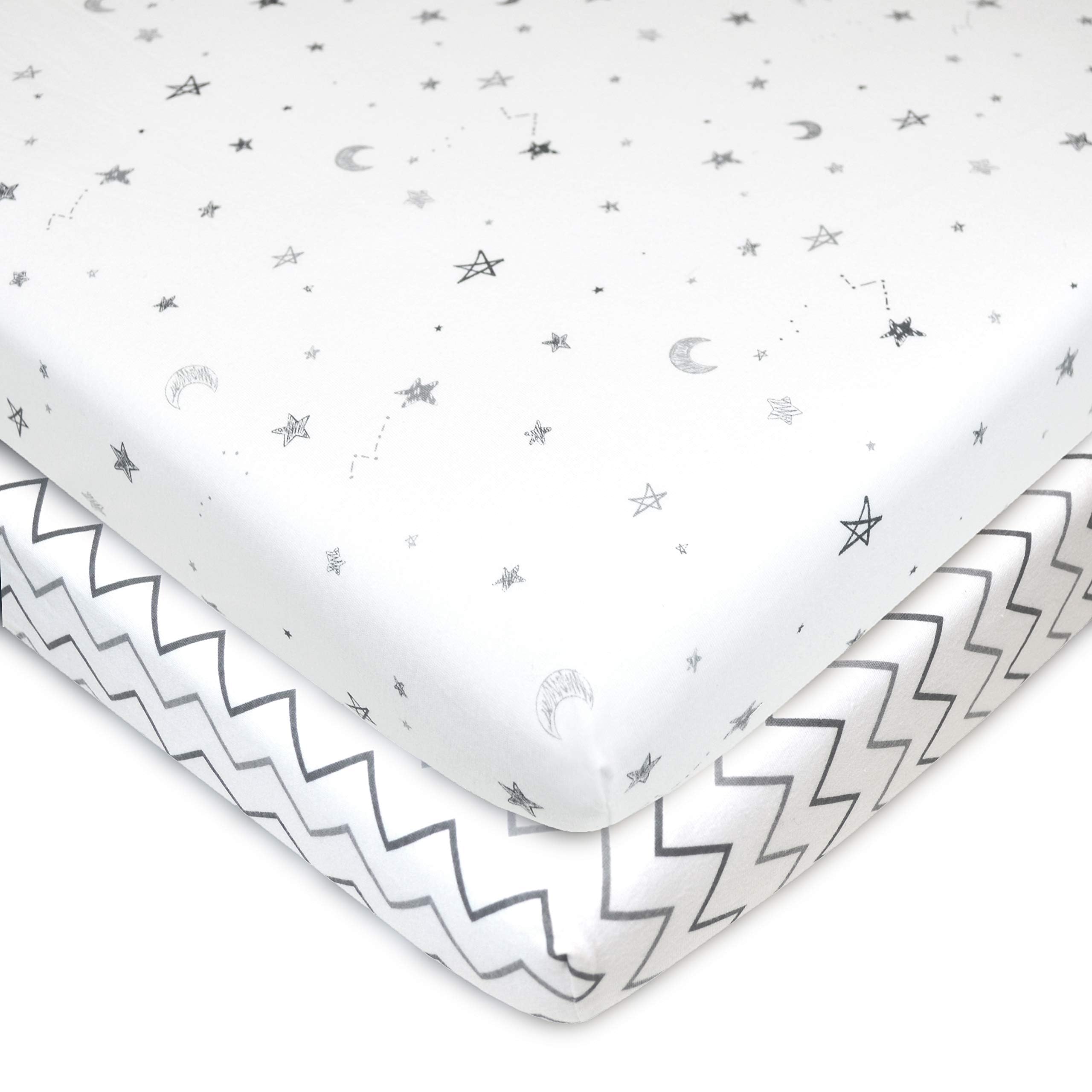 American Baby Company 2 Pack 100% Natural Cotton Fitted Pack and Play Sheets 39" x 27" - Soft & Breathable Pack N Play Sheets for Playard & Mini Crib Mattress, Grey Stars/Zigzag, for Boys & Girls