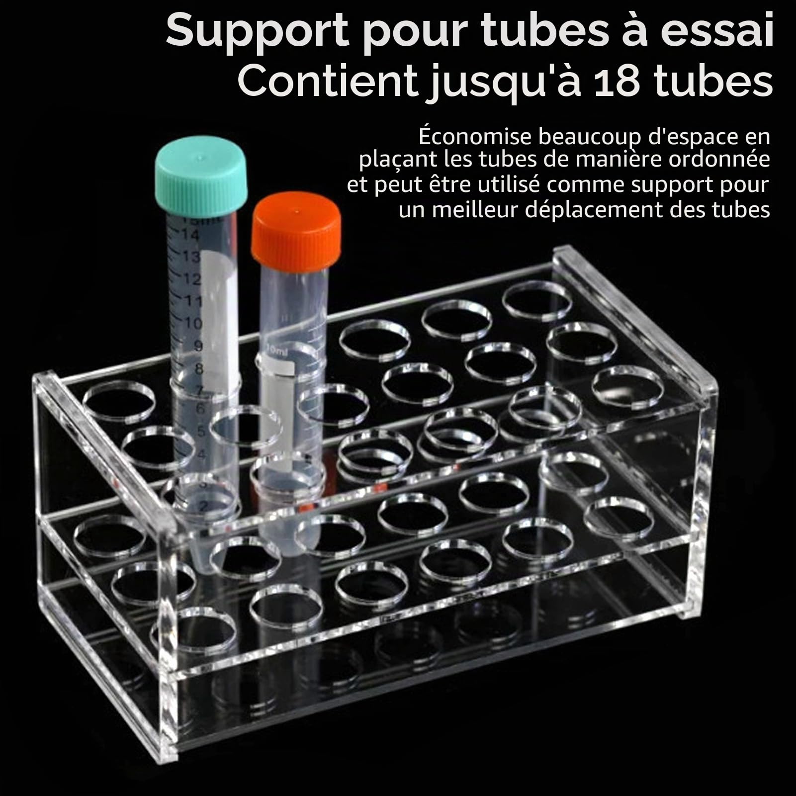 18 Trous Support de Tube à Essai, 15 x7.6 x7cm Acrylique Transparent Test Holder Rack, Support de Tube à Centrifuger pour Laboratoire de Chimie Tube de 17mm