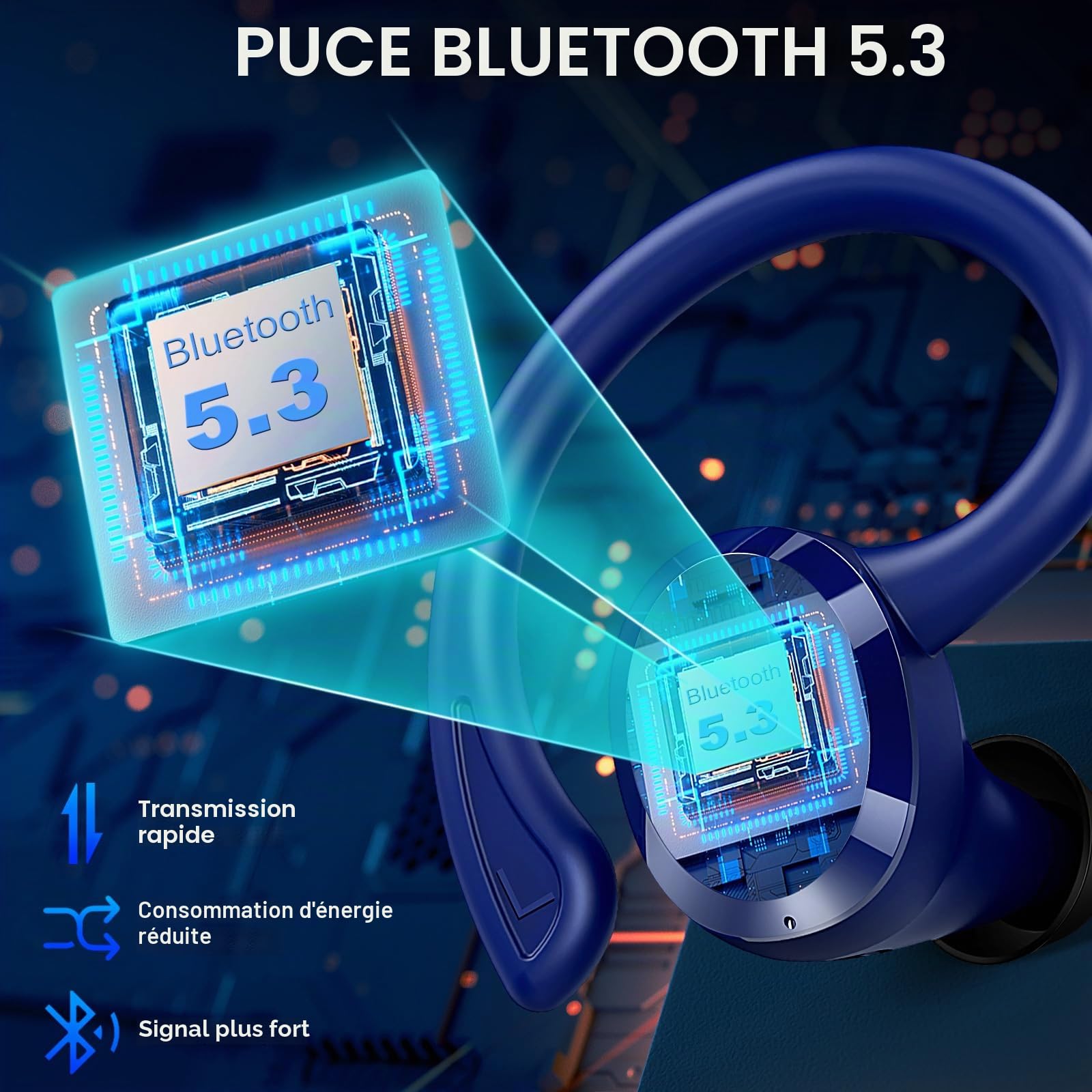 Ecouteurs Bluetooth Sans Fil Sport, 75Hrs Écouteurs Bluetooth 5.4 avec Stéréo HiFi 3D, 4 ENC Réduction de Bruit Mic Oreillette sans Fil USB-C Charge, Étanches IP7 Casque Running LED pour Android/iOS