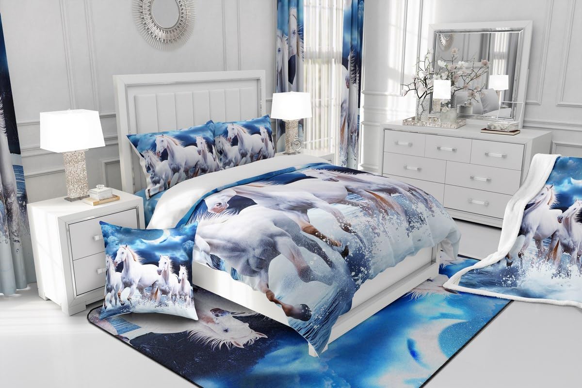 Homewish Housse de Couette Cheval Blanc Coton 220x240,Housse de Confort Respirante Ferme Wildlife Lune,Housse de Confort Cheval de Course 3D avec Cravate Zippée pour Enfants,Adolescents,Adultes,Bleu