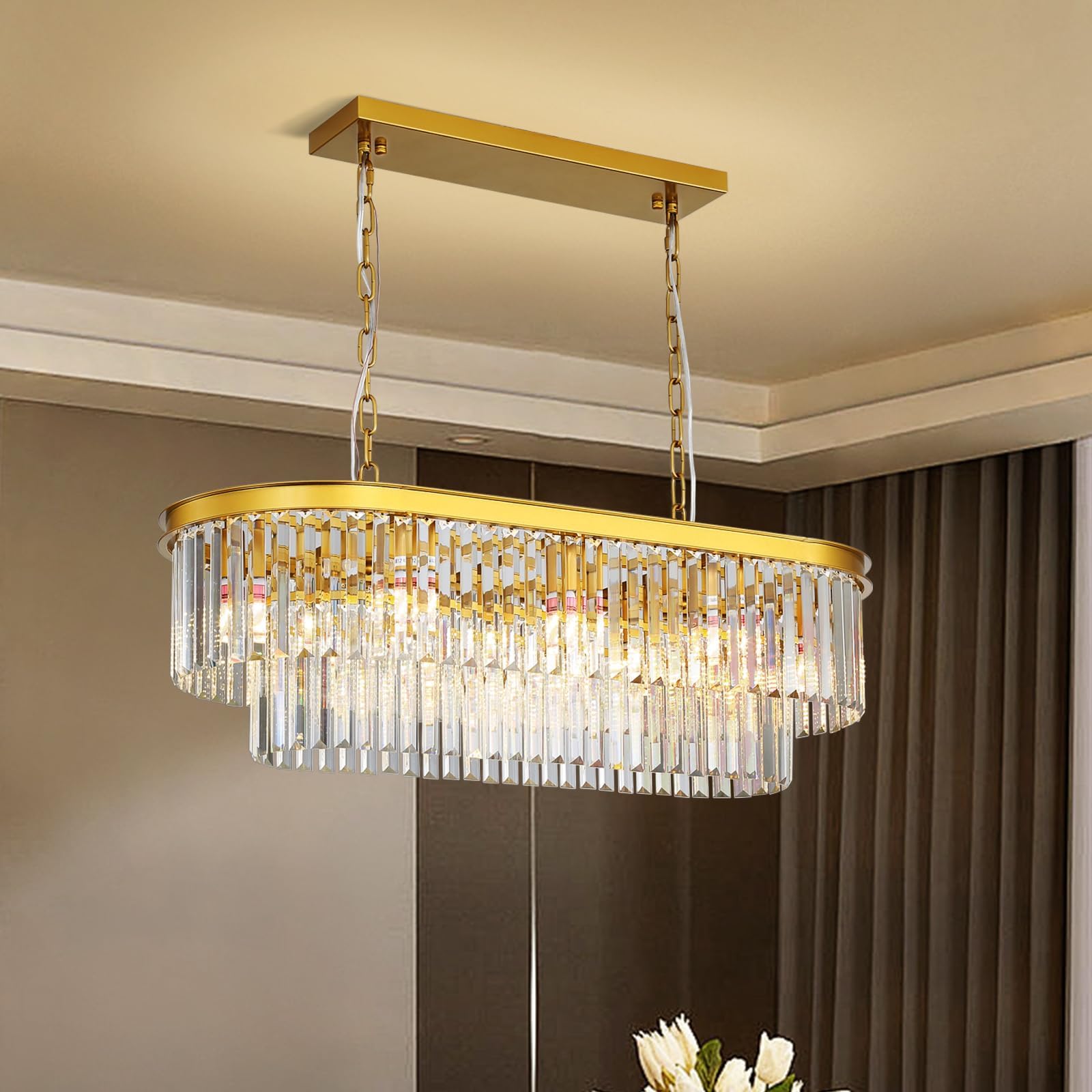 KXEcoLife 85Cm Large Chandelier, 8-Light Modern Linear Crystal Luxury Rectangle Chandelier for Dining Room, Oval K9 Kitchen Island Lighting Fixture