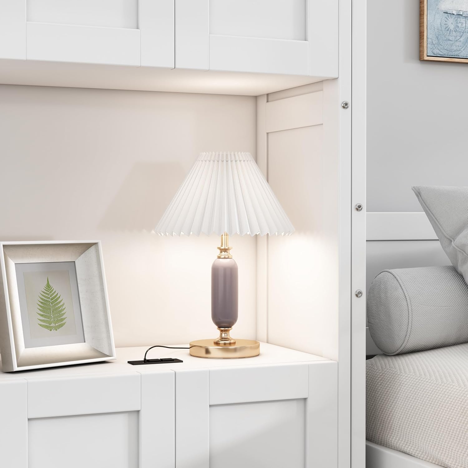 KLMM Wooden Queen Size Murphy Bed 68-inch Folding Wall Bed with Desk Combo and 2 Side Cabinet Storage Shelf,for Small Spaces Office Guest Room Use (White@USB Ports+, Queen)