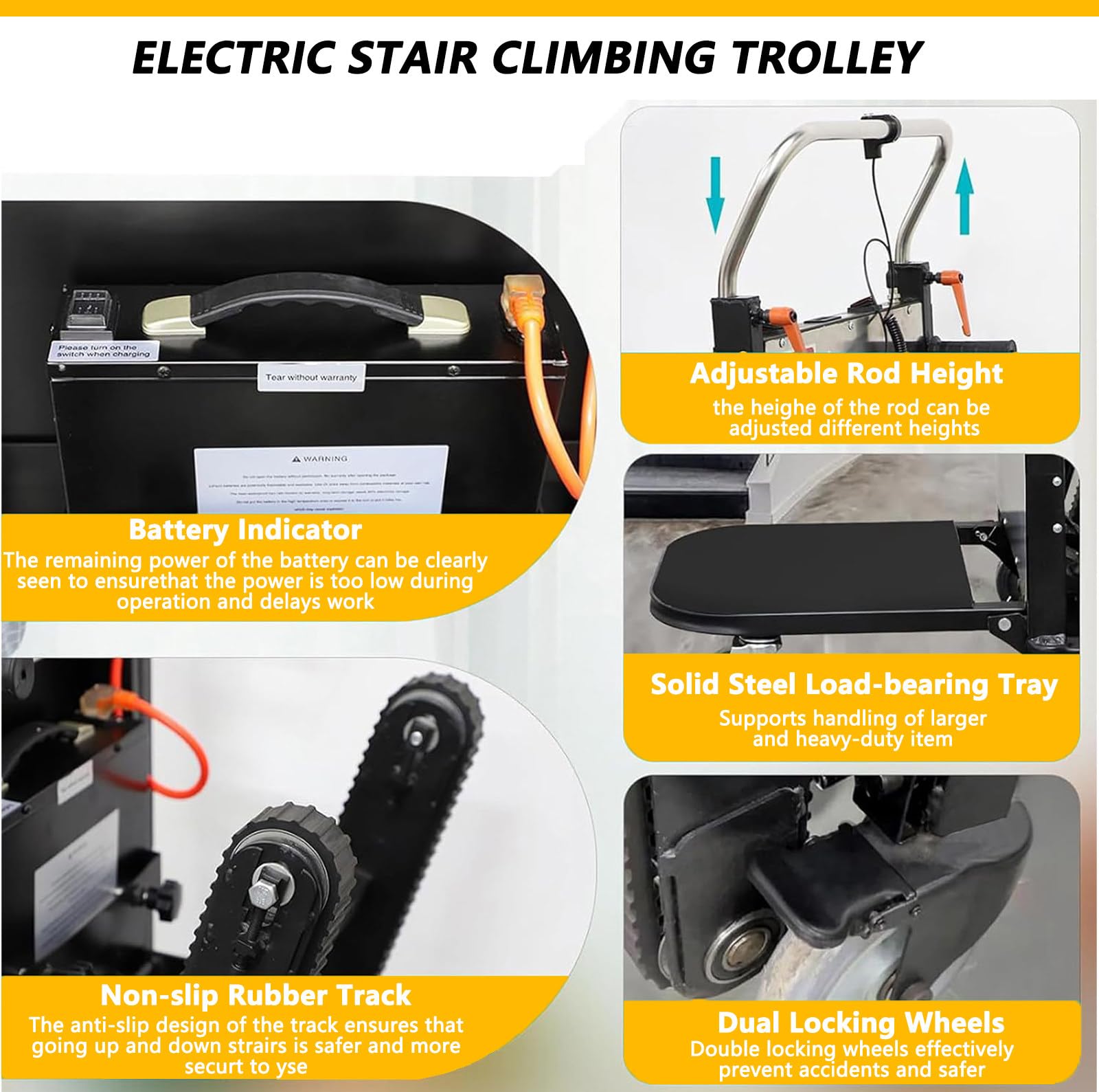 Carrello elettrico per salire le scale con binari in gomma, carrello resistente per il trasporto senza sforzo di mobili su e giù per le scale