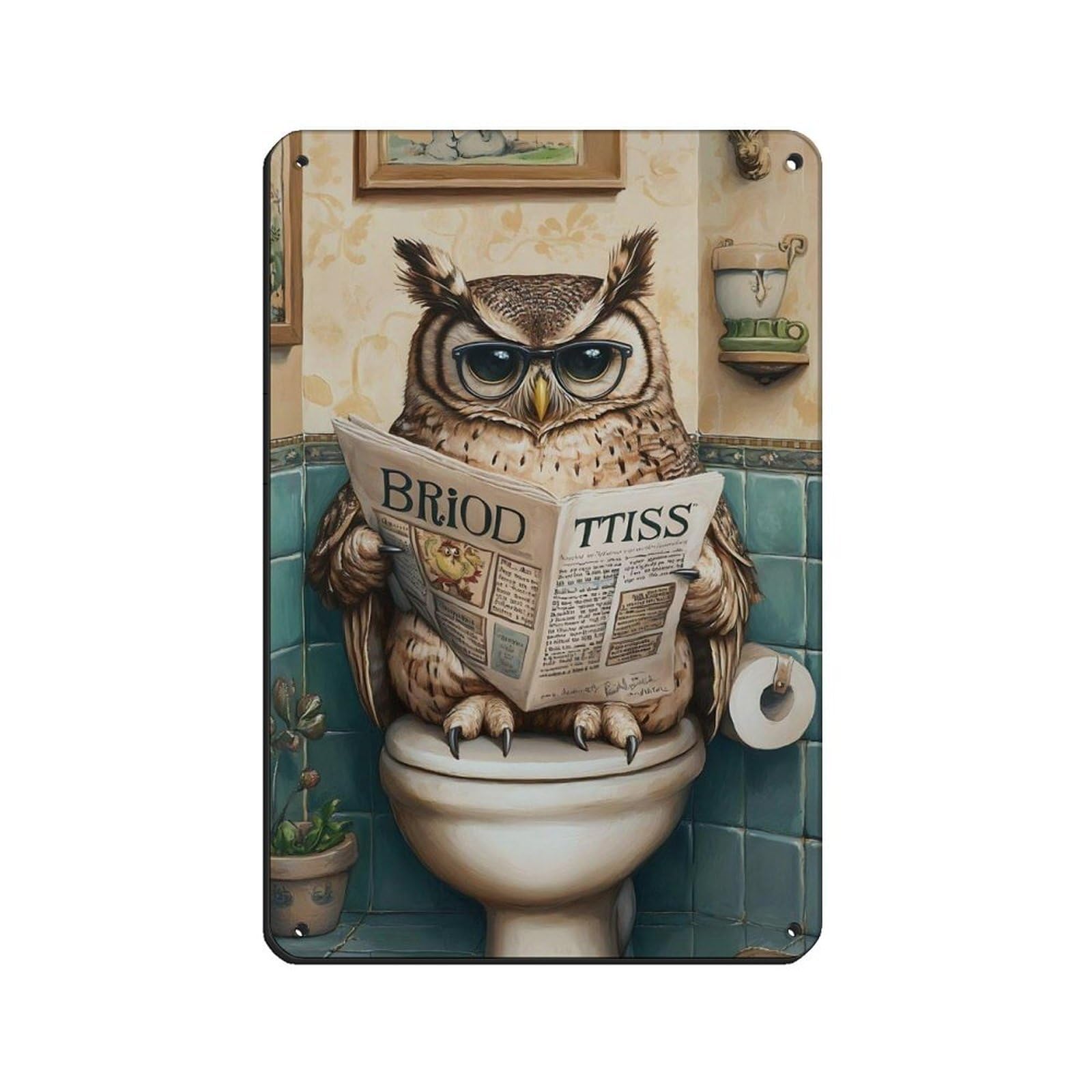 Whimsical Owl Reading Newspaper Tin Sign Vintage Metal Pub Club Cafe Bar Home Wall Art Decoration Poster Retro 8x12inch(20x30cm)
