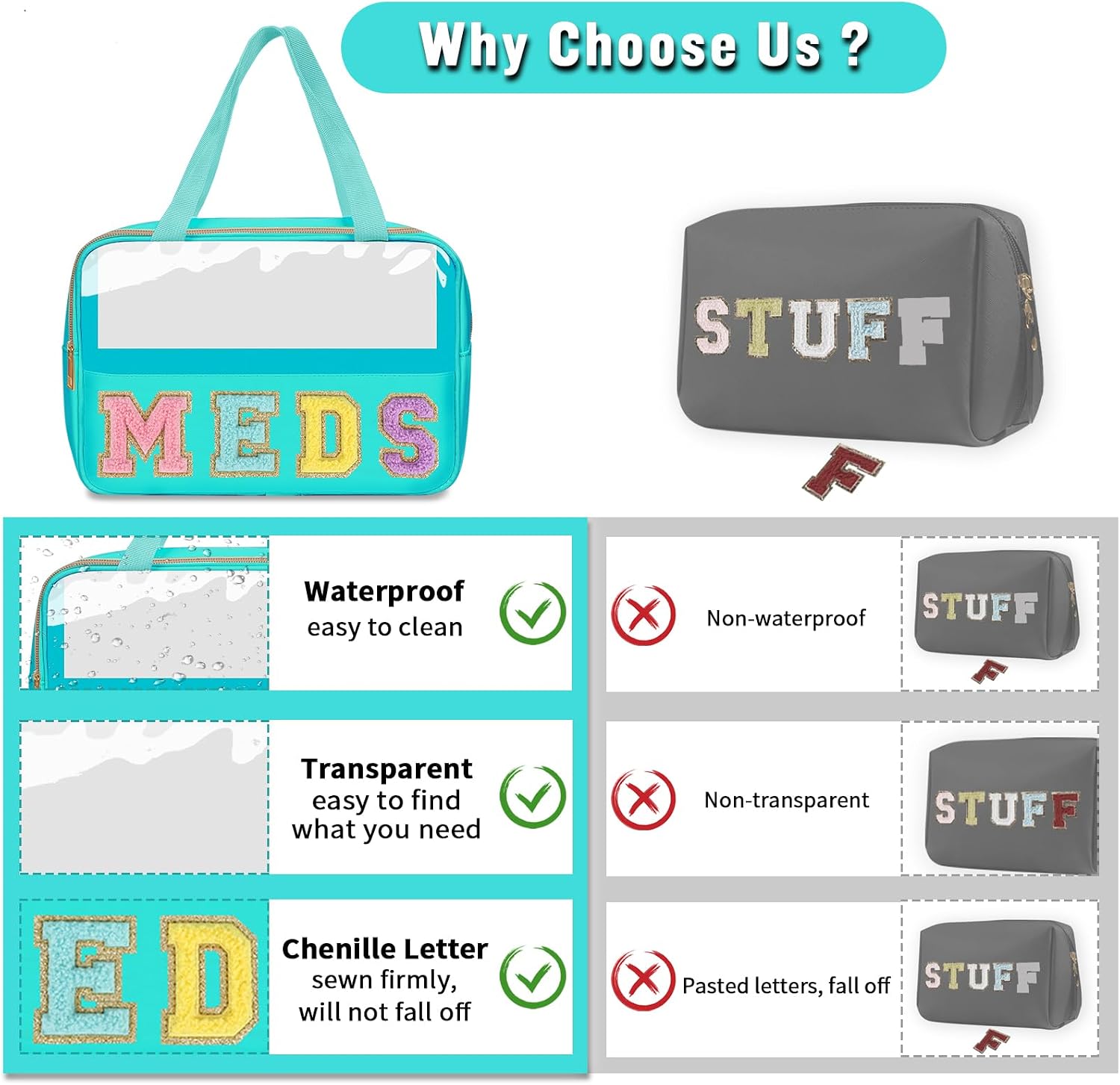 Chenille Letter Clear Makeup Bag MEDS Tote, Large Preppy Medicine Bag Travel Drugs Pills Bag Zipper Pouch with Handle,Waterproof Nylon Portable Cute Cosmetic Toiletry Storage Bag for Women(MEDS-Green) image 4