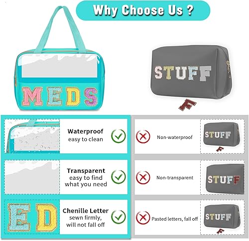 Miniatura 4 de izuzta Bolsa de maquillaje con letras de chenilla, bolsa de maquillaje de viaje, pequeña bolsa de maquillaje preparada, D-MEDS-Verde