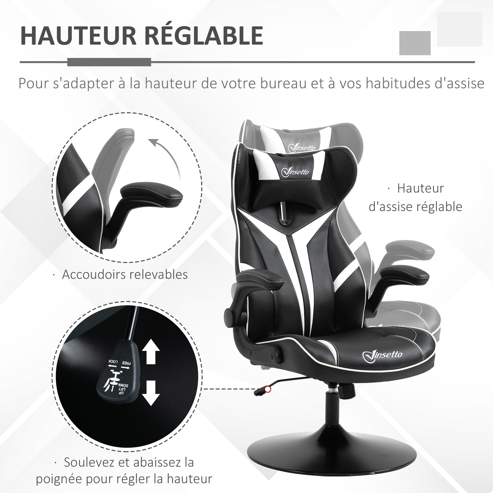 Vinsetto Fauteuil Gamer Chaise de Jeu Gaming pivotante 360° Ergonomique Hauteur réglable accoudoirs revelables Coussin têtière Inclus revêtement Similicuir 67 x 70 x 106-112 cm Blanc et Noir