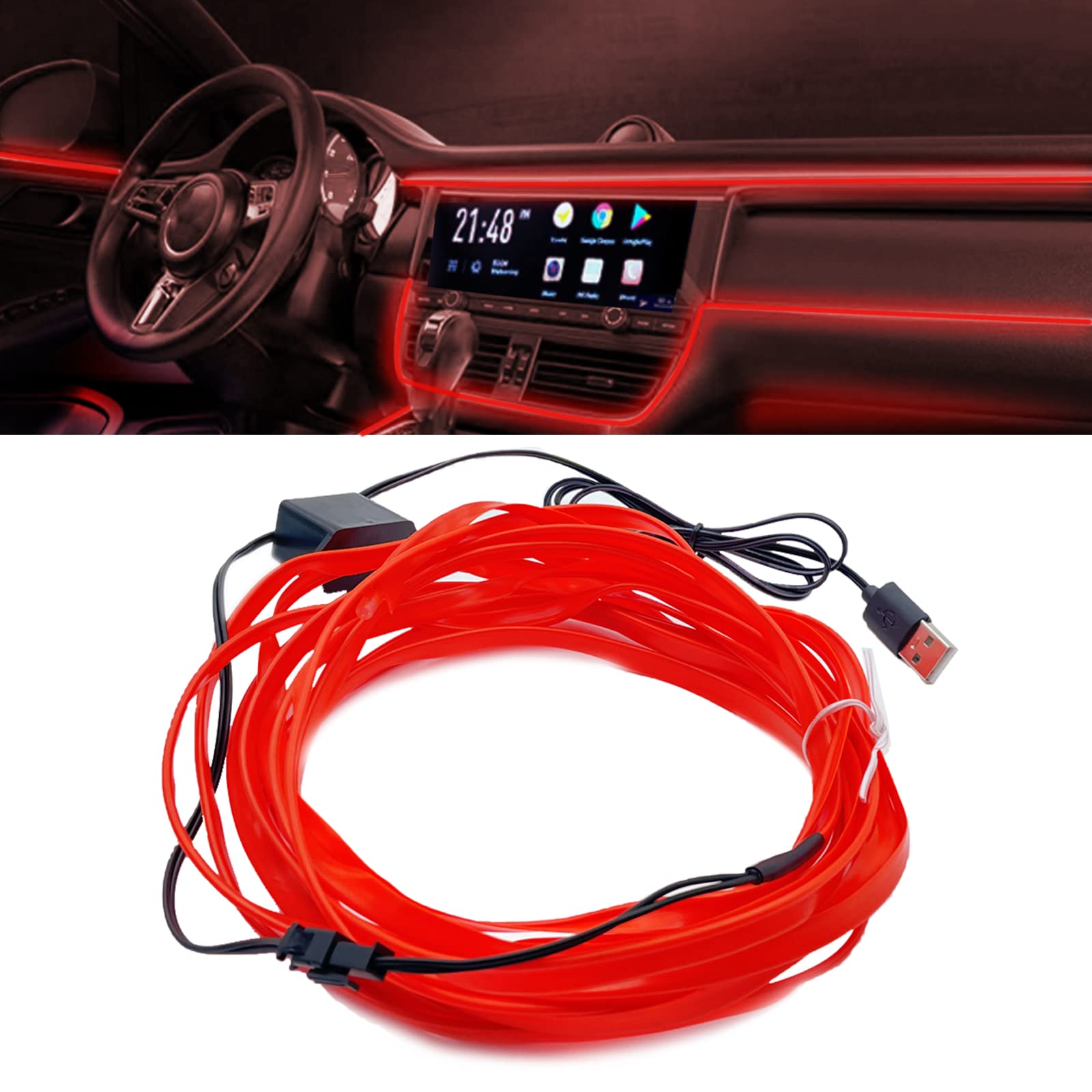 EL Wire Interior Car LED Light Strip, USB Neon Flashing Electrogenic Light Light, 16.4 FT Neon with Sewing Edge, Car Ambient Lighting Kit with Fuse Protection (Red)
