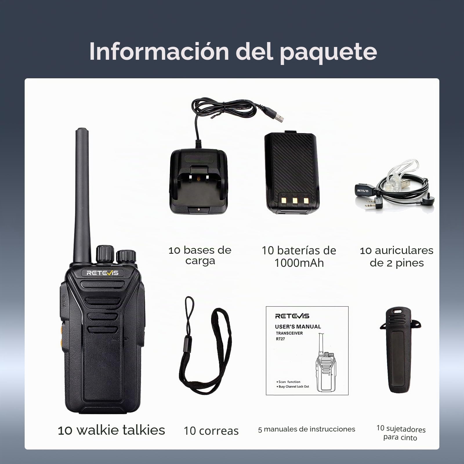 Retevis RT27 Walkie Talkie Profesional, Pinganillos Walkie Talkie Recargable con Cargador USB, PMR446 sin Licencia, 16 Canals, CTCSS/DCS, VOX, Walkies Profesionales (10 Unidades, Negro)