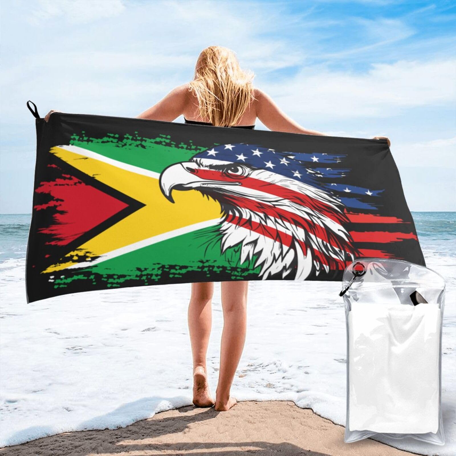 HACXZ America Flag and Guyana Flag Microfiber Beach Towel Lightweight Absorbent Travel Pool for Men Women 31.5"X63"