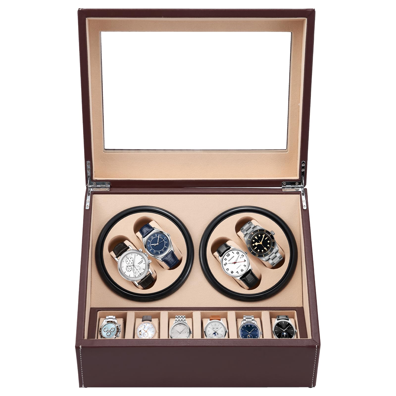Boîte Remontoir Montres Automatiques - Pour 2 Montres - Cuir PU - Moteur Silencieux - 4 Modes Rotation - Verre Transparent