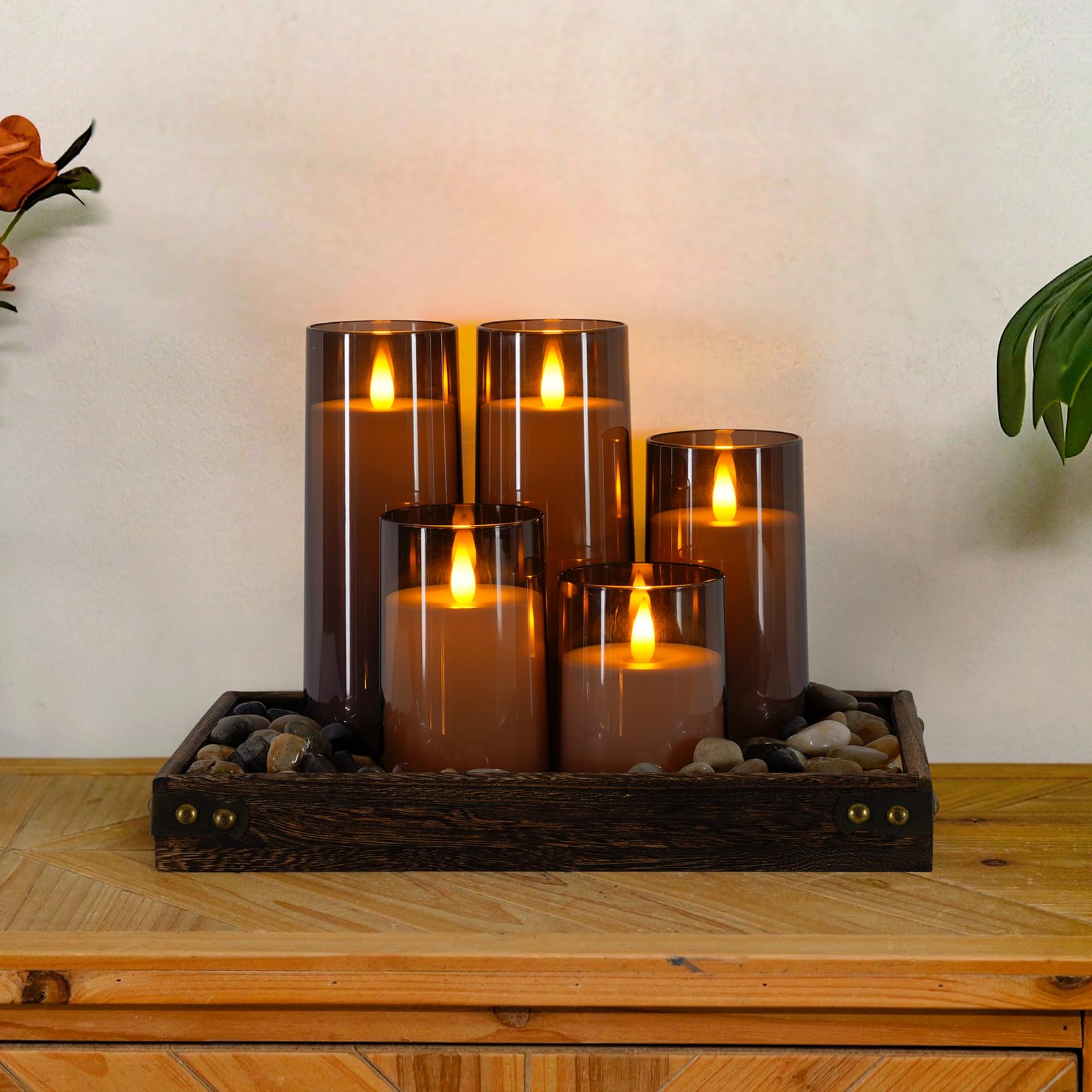 Homemory Candele realistiche tremolanti a batteria, finte candele elettriche a LED con telecomando e timer, candele senza fiamma per la casa, decorazione natalizia, grigio, set di 5