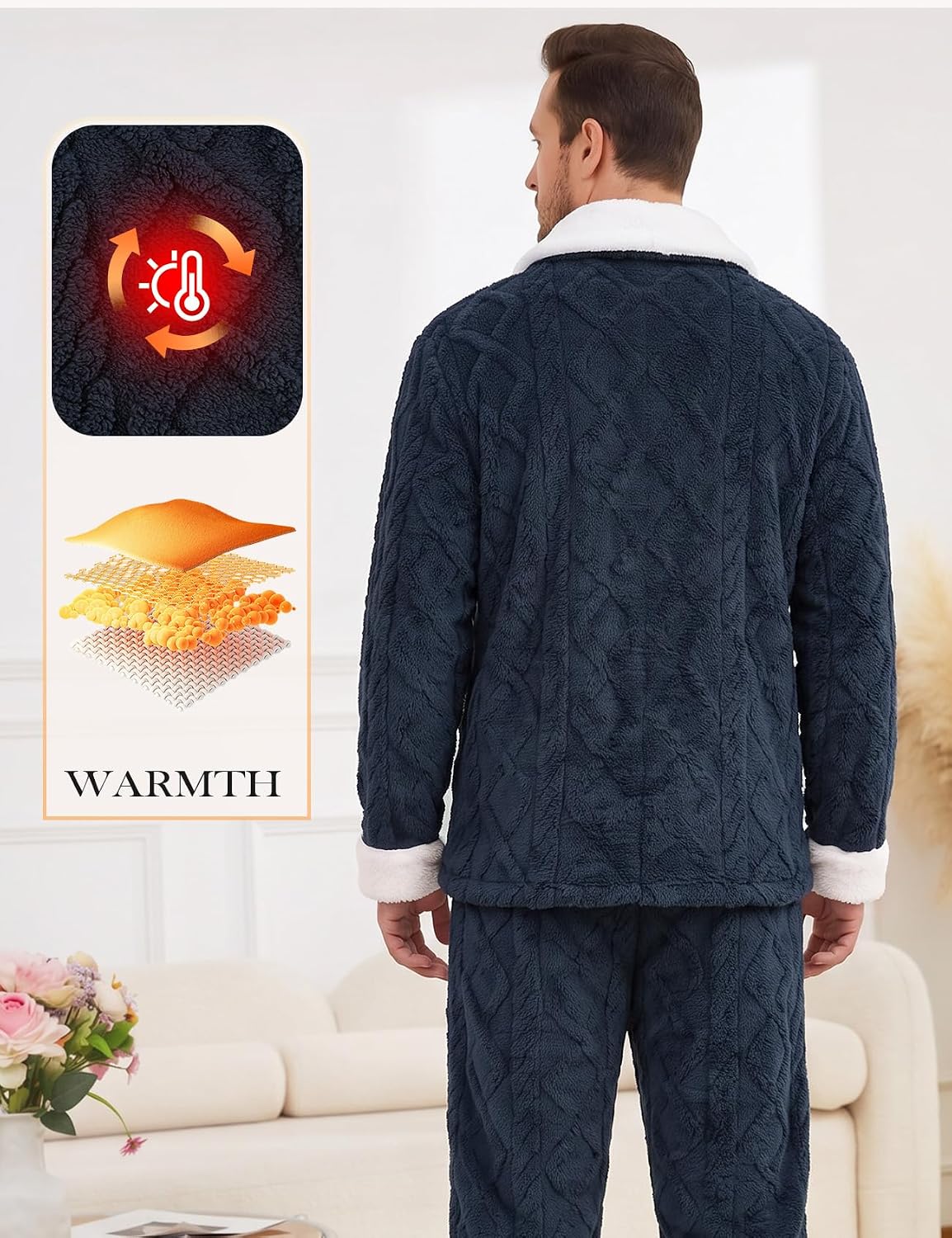 Arssm Mens Fluffy Pajama Sets 2 Piece Fleece Jacquard Sleepwear Lounge Set