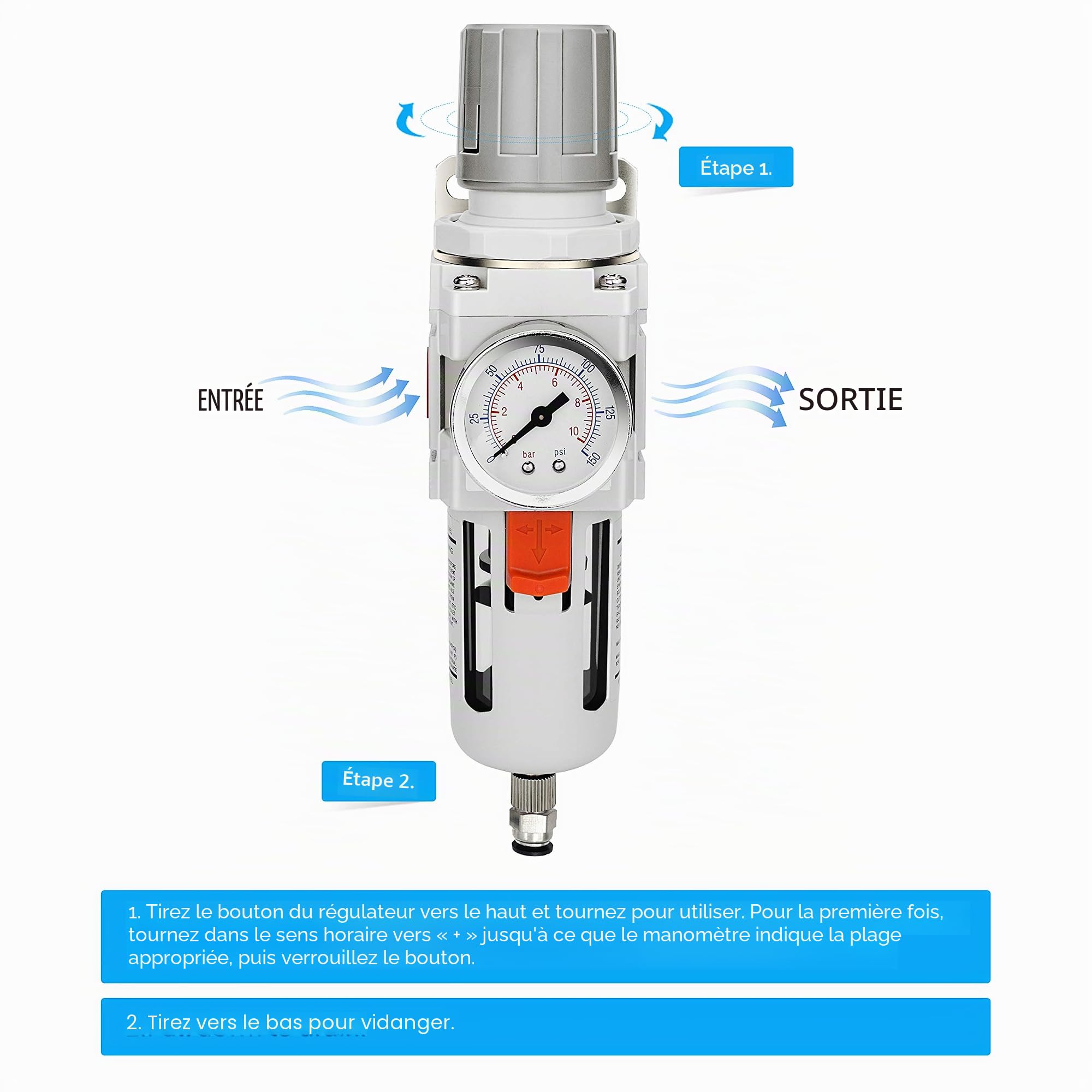 NANPU 1/2" BSPP Filtre Régulateur d'Air Comprimé Séparateur Eau-Huile - Manomètre (0-10 Bar), Réservoir En Polycarbonate, Décharge Semi-automatique, Support En Métal