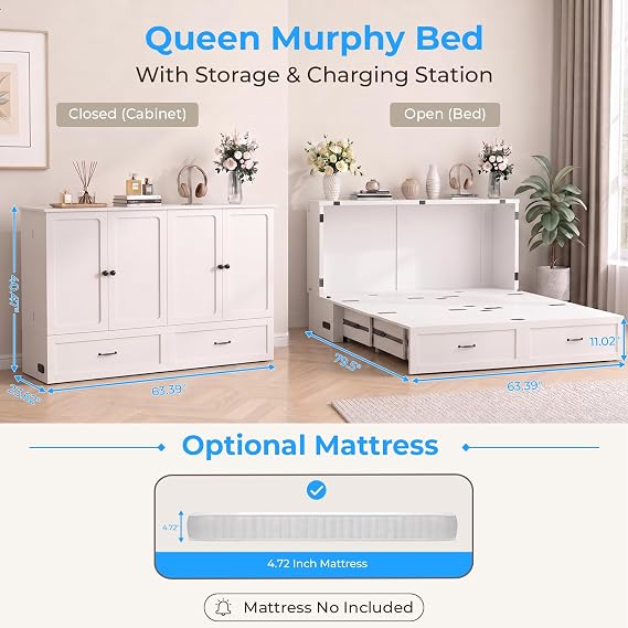 PUREMIND Multi-Functional Queen Murphy Bed Cabinet with Storage