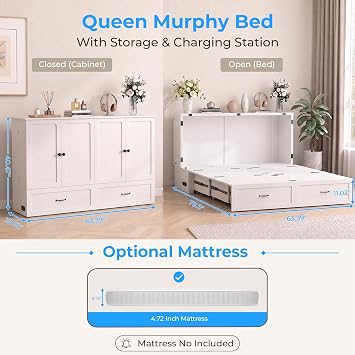 PUREMIND Multi-Functional Queen Murphy Bed Cabinet with Storage