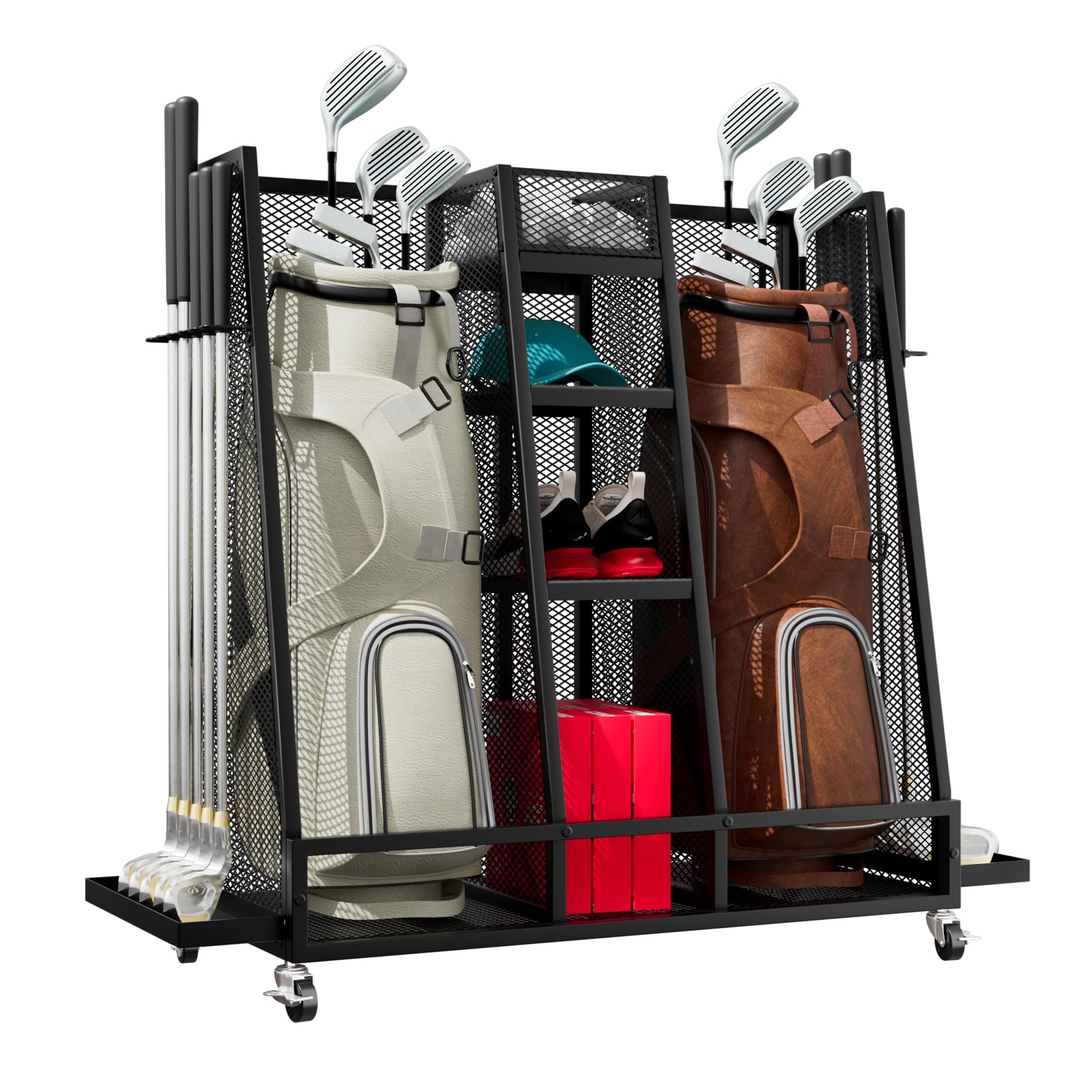 Golftaschenständer für 2 Golfsäcke aus Kohlenstoffstahl, mobiler Golf Organizer mit 4 Ablagen, seitlichem Schlägerhalter, 100kg Tragkraft, feststellbare 360° Räder für Garage Zuhause