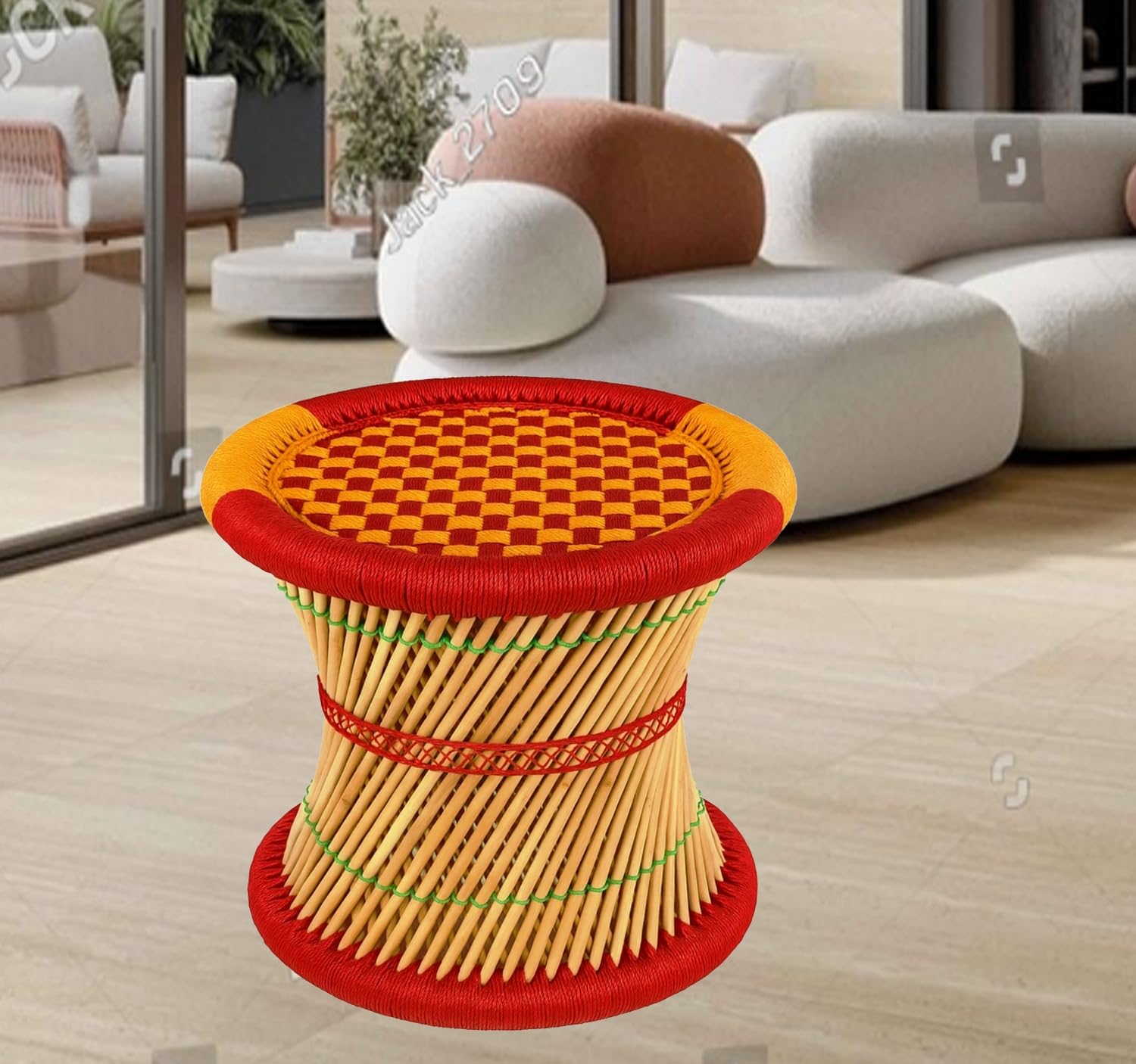Pure Handmade Bamboo Mudda Stool for Livingroom,Home,Office,Garden and Balcony with Round Shape Multi Colour Orange-Red-15X15 Inch-1 Pack-image-15