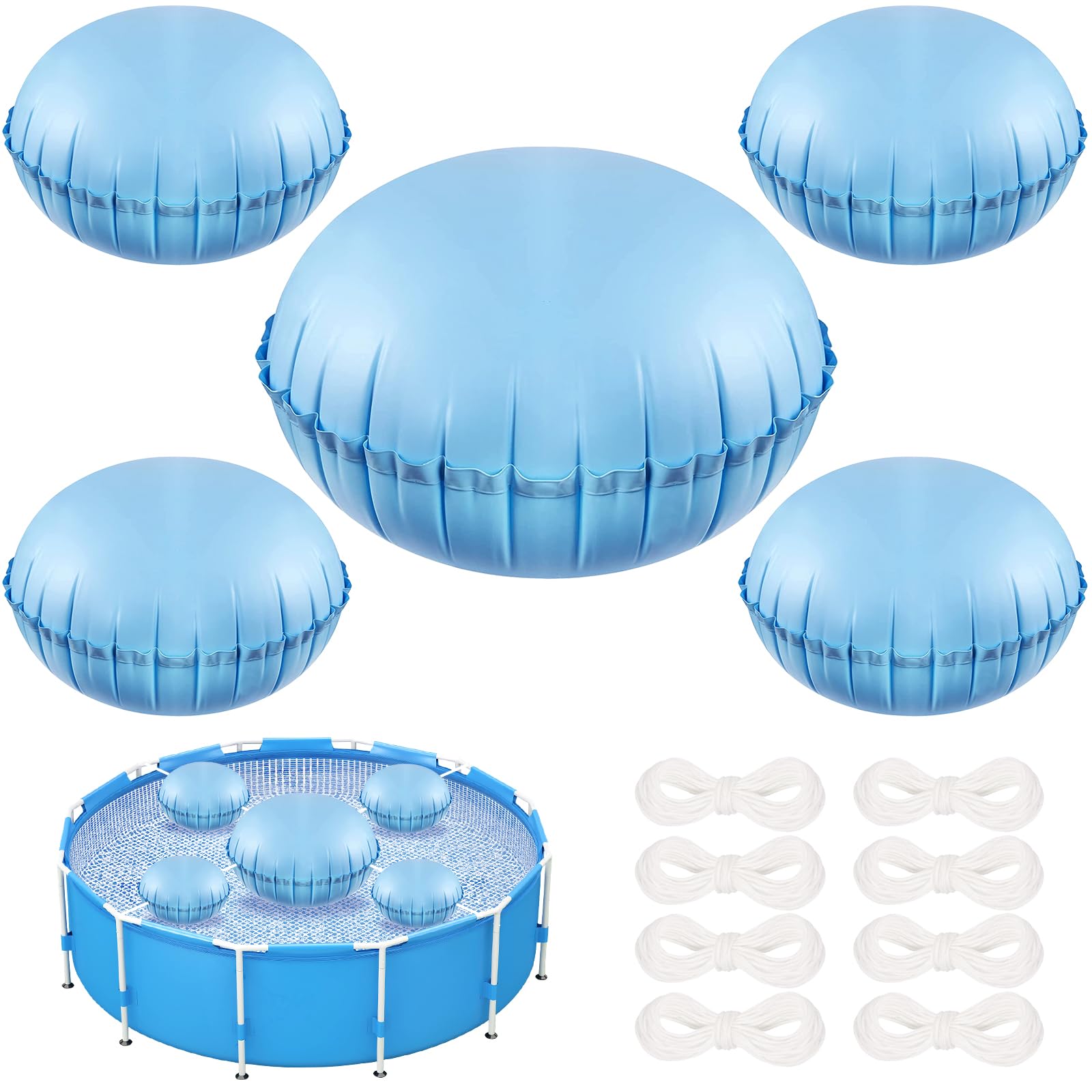 4+1 Combined Pool Pillows, Pool Air Pillow, Inflatable Pool Pillows for above Ground Pools, Winter PVC Ice Equalizer Air Pillow with 8PCS 4m Ropes for Support Swimming Pool Covers (5Ft +4PCS 3Ft)-image-19