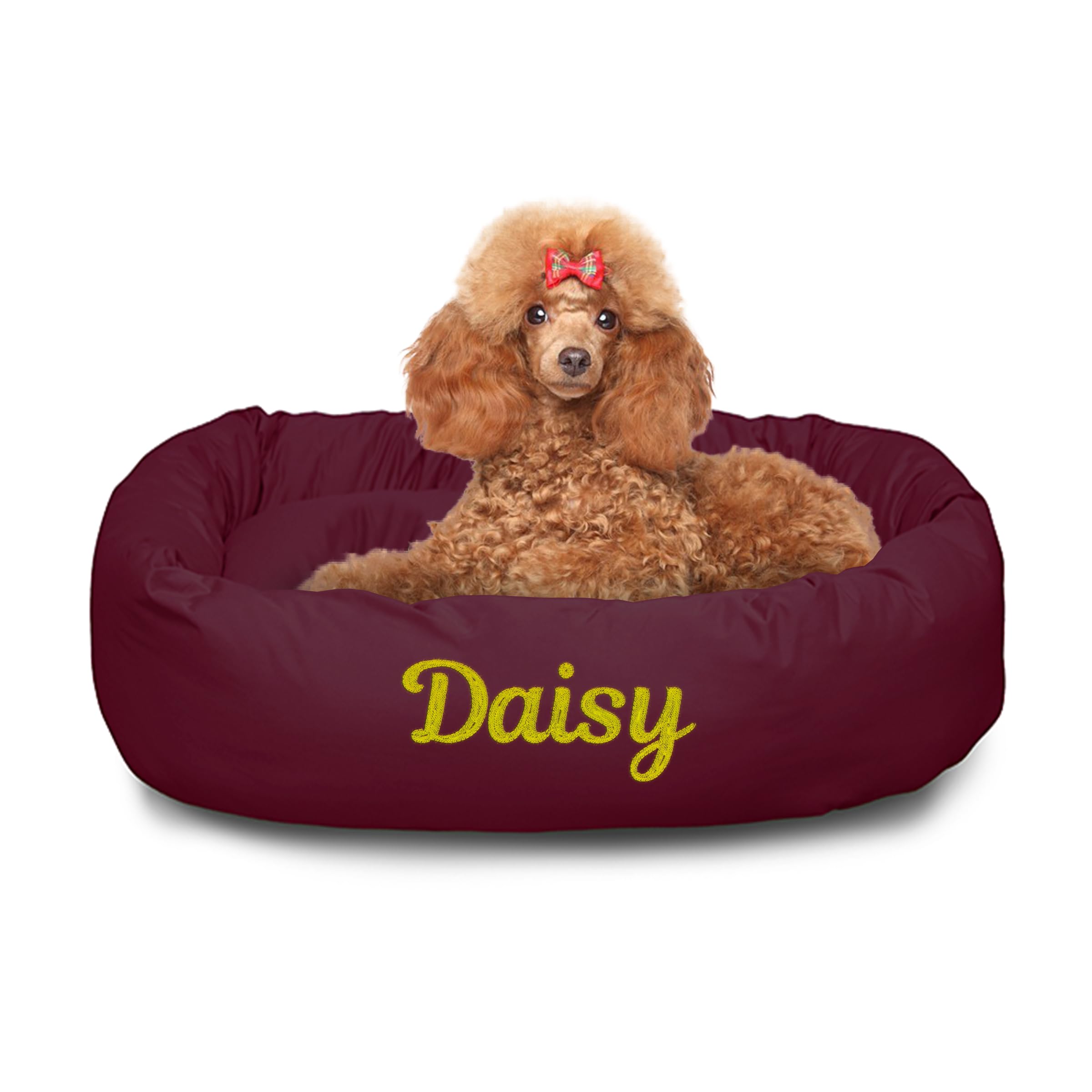 Majestic Pet Personalized 32 Inch Bagel Calming Dog Bed - Washable, Cozy Soft Round With Spine Support - Fluffy Donut 32x23x7 Inch Medium for Dogs to Rest Their Head - Burgundy
