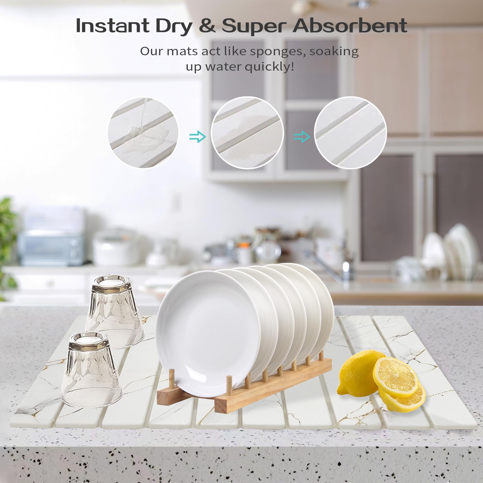 BELLPO Diatomaceous Earth Drying Mat for Kitchen - Non-Slip Absorbent Stone Coaster with 150% Super Water Absorption,Foldable Stone Dish Drying Mat,Multi-Use Bathroom (White+Flower)