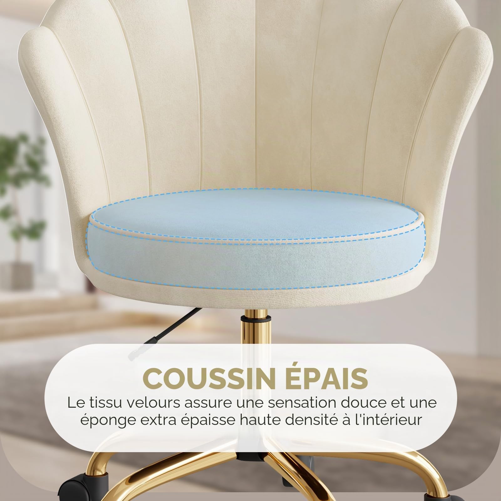 Chaise Coiffeuse Velours Hauteur Réglable Pivotante Pieds Métal Ergonomique Bureau 120 kg Beige