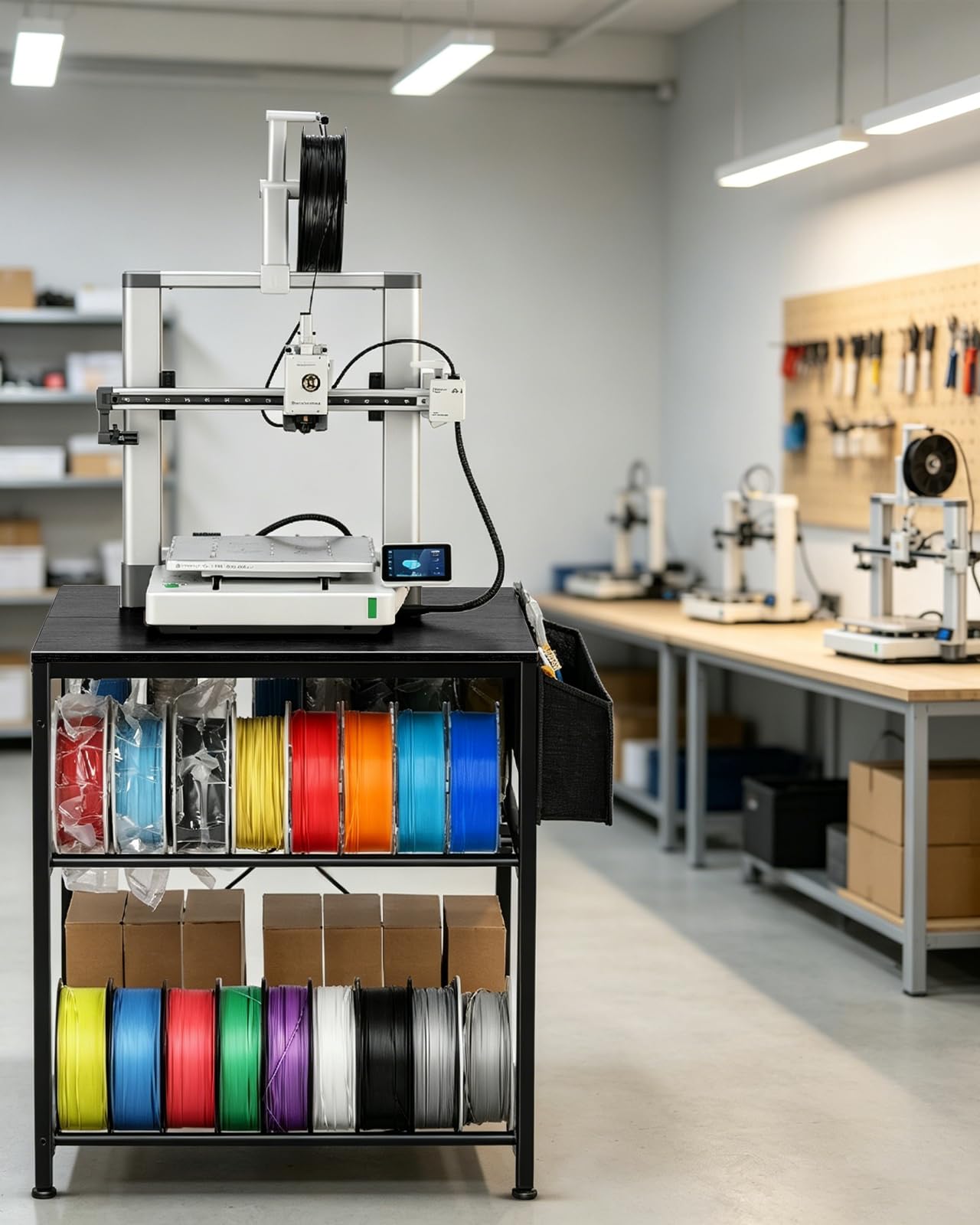AHOWPD Soporte para impresora 3D con almacenamiento de filamentos, mesa de impresora 3D, estante de almacenamiento de filamentos, escritorio de carrito 3D resistente con ruedas para taller, estudio