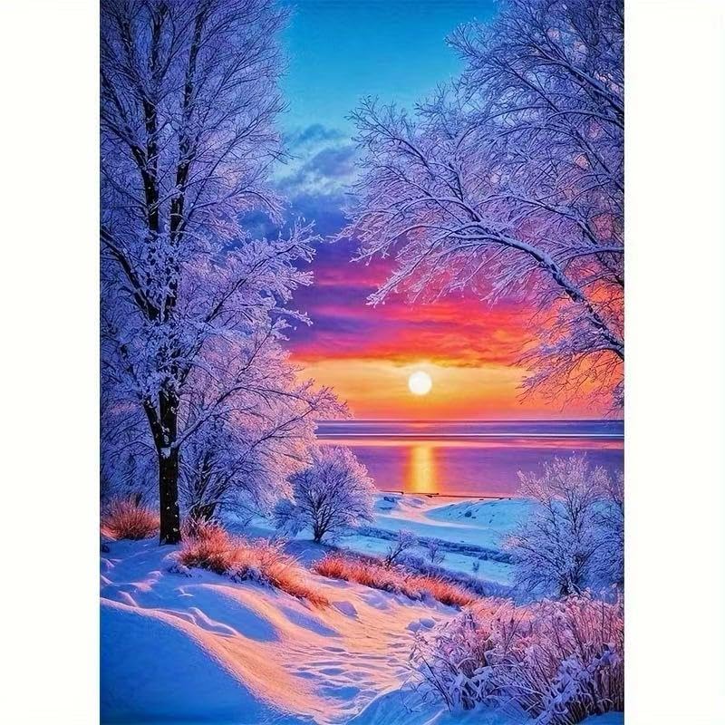 OJTOYART Snow-Covered Landscape Diamond Art Kits for Adults The SettingSun Tree Diamond Paintings Kits for Beginners DIY Gem Art for Home Wall Art Decor 12 X 16inch