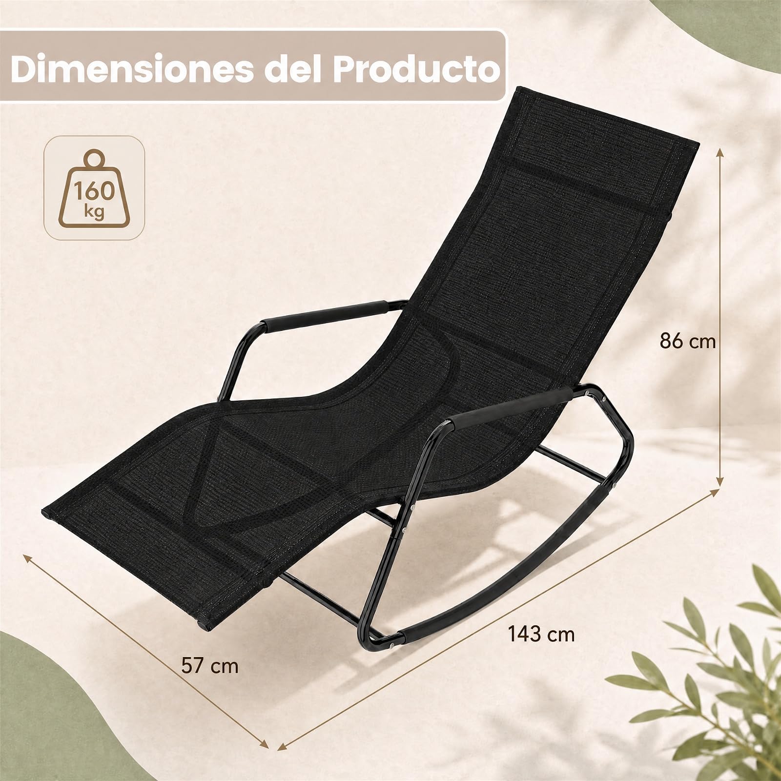 GOPLUS Tumbona Mecedora de Jardín, Carga 160 kg, Silla Balancín para Exterior con Tejido Transpirable, Reposabrazos Curvos, Reposacabezas Desmontable, para Balcón, Terraza (Negro, 57x143x86 cm)
