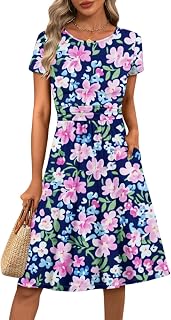 Women's Short Sleeve A-Line Midi Dress with Pleated Waist Casual Work Dresses for Women 2025 Elegant Classy